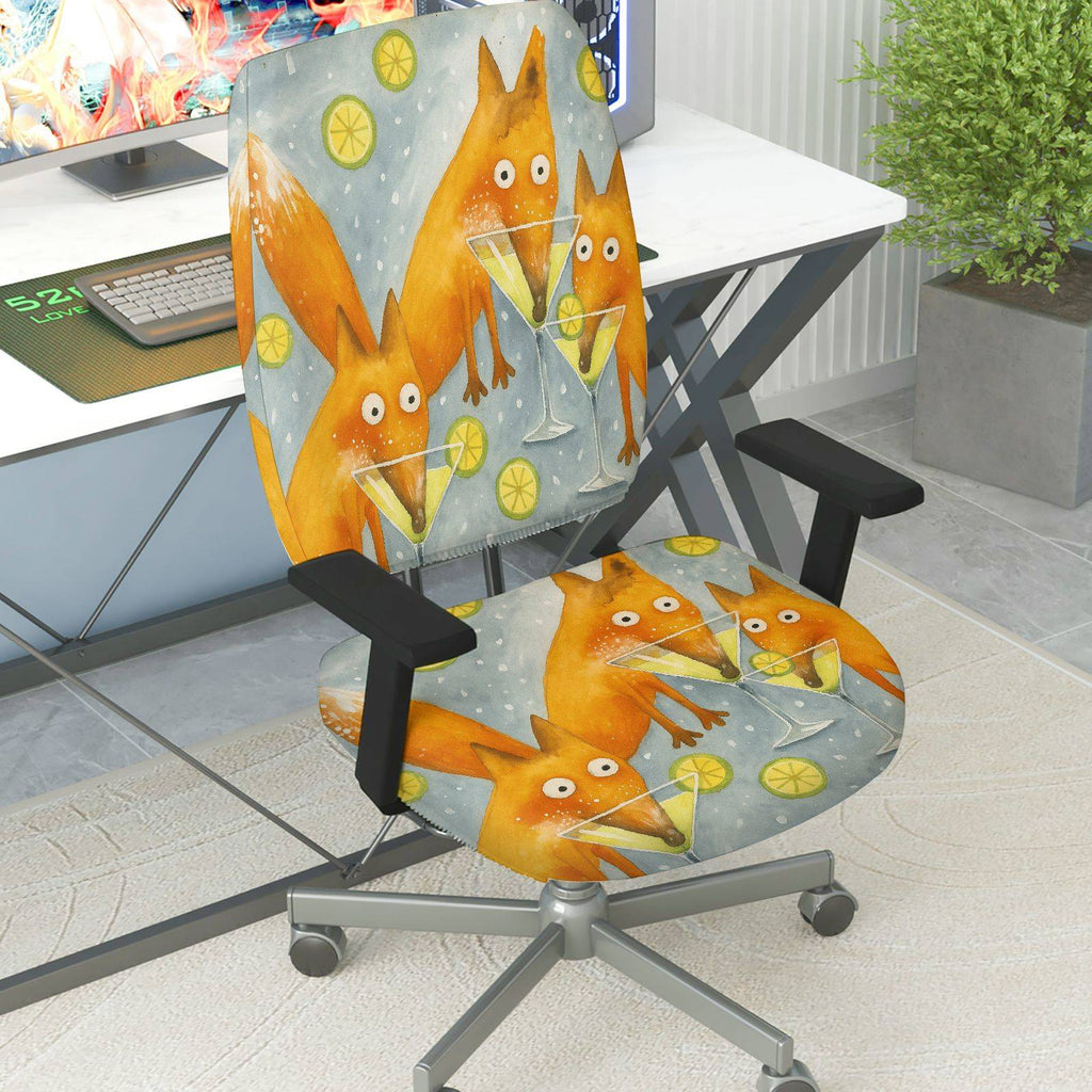 2-Piece Animal Fox Lemon Illustration  Computer Chair Cover Set, Seat and Backrest