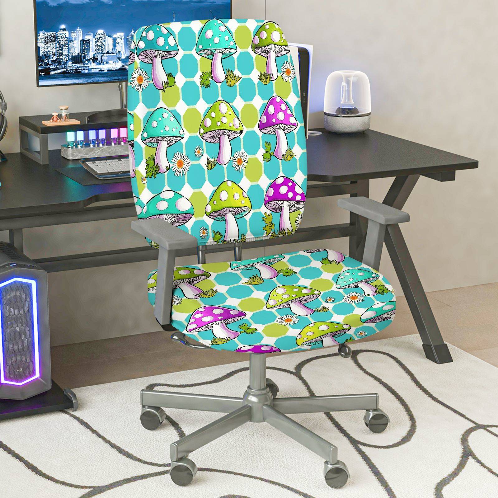 2-Piece Colorful Geometric Mushroom Floral Modern Abstract  Computer Chair Cover Set, Seat and Backrest
