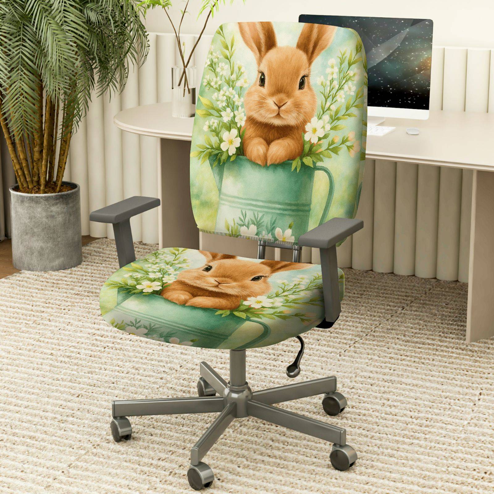 2-Piece Rabbit Floral Decorative Spring Easter Cute  Computer Chair Cover Set, Seat and Backrest