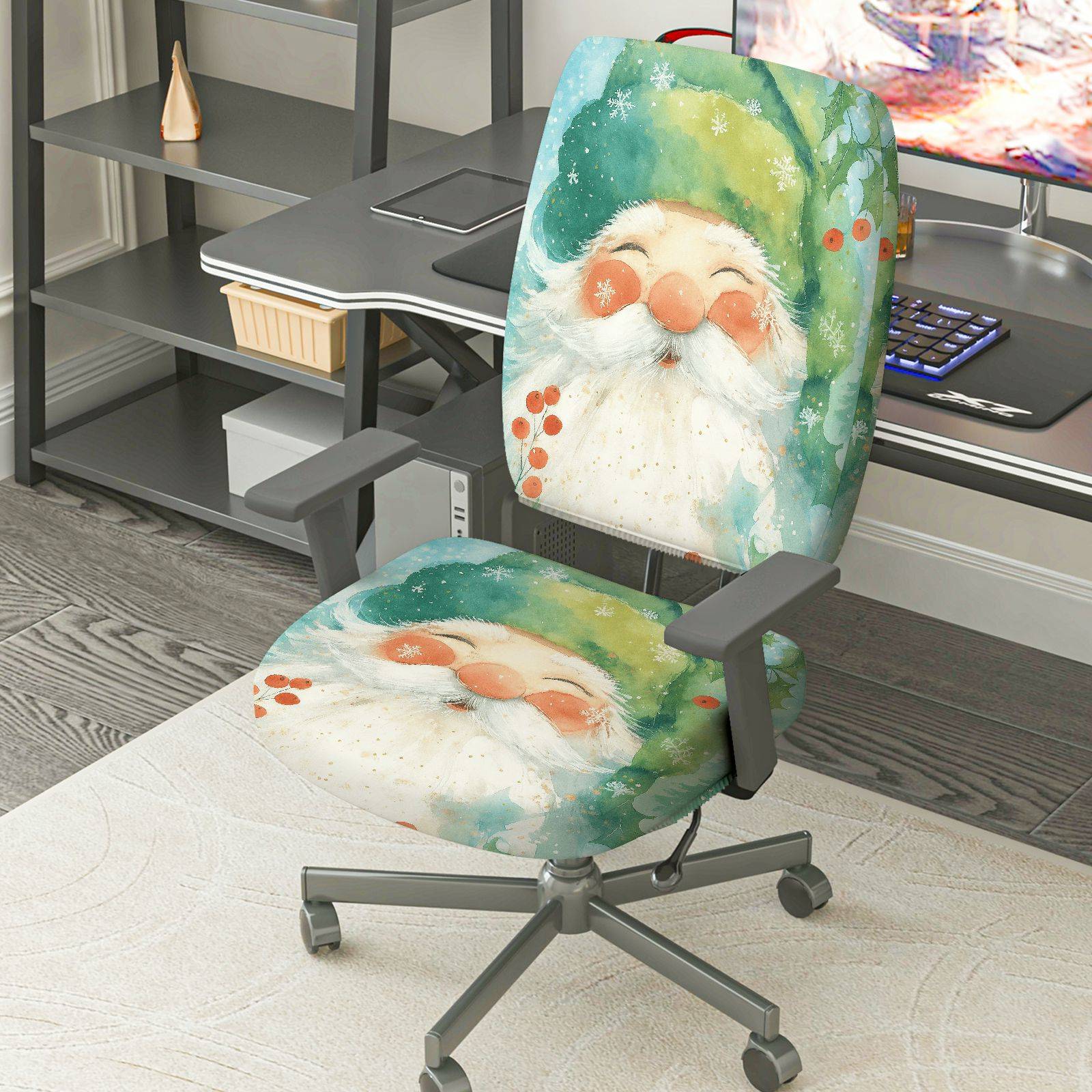 2-Piece Christmas Winter Santa Claus Snowflakes Festive Decorative  Computer Chair Cover Set, Seat and Backrest