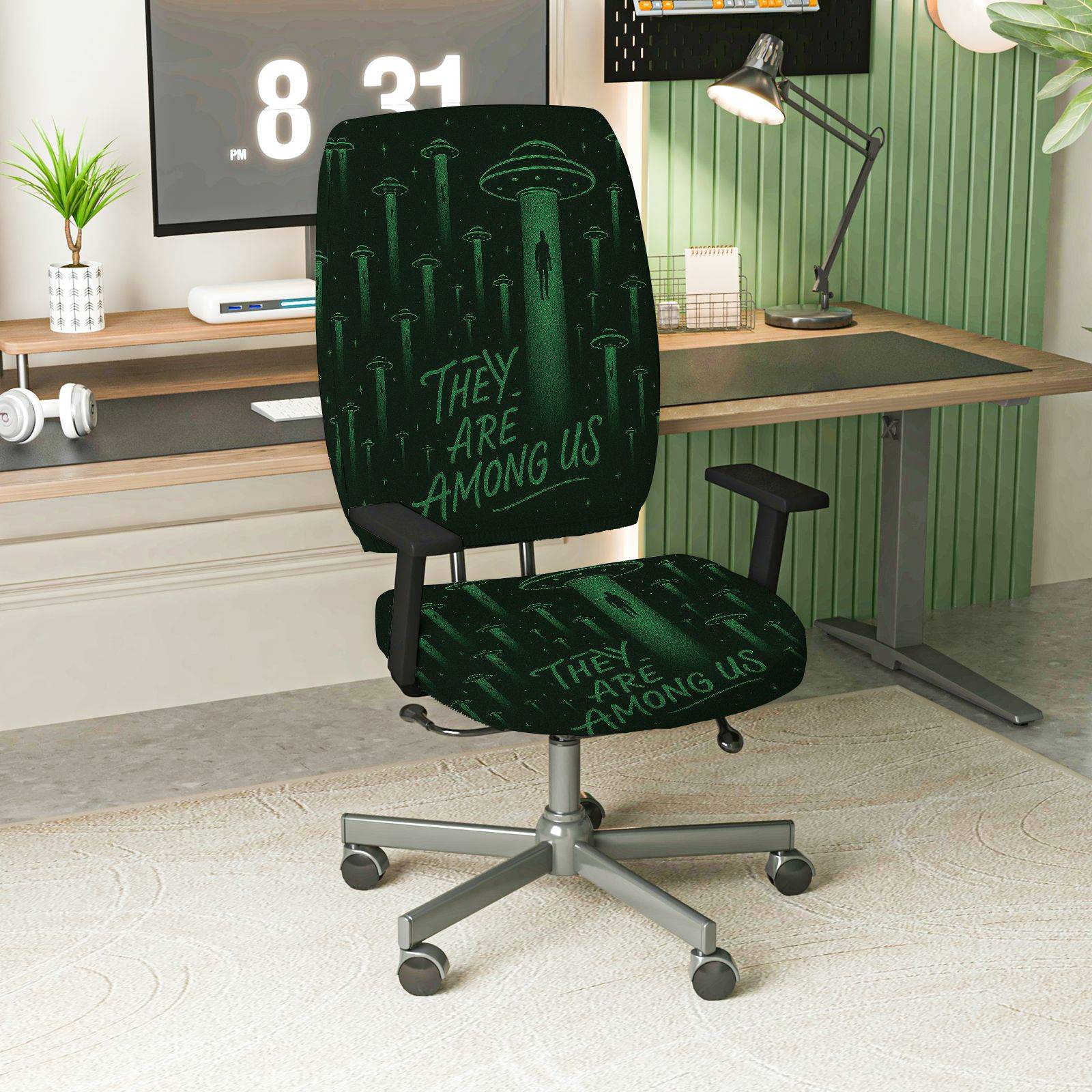 2-Piece Alien Sci-Fi Space Fantasy Halloween  Computer Chair Cover Set, Seat and Backrest