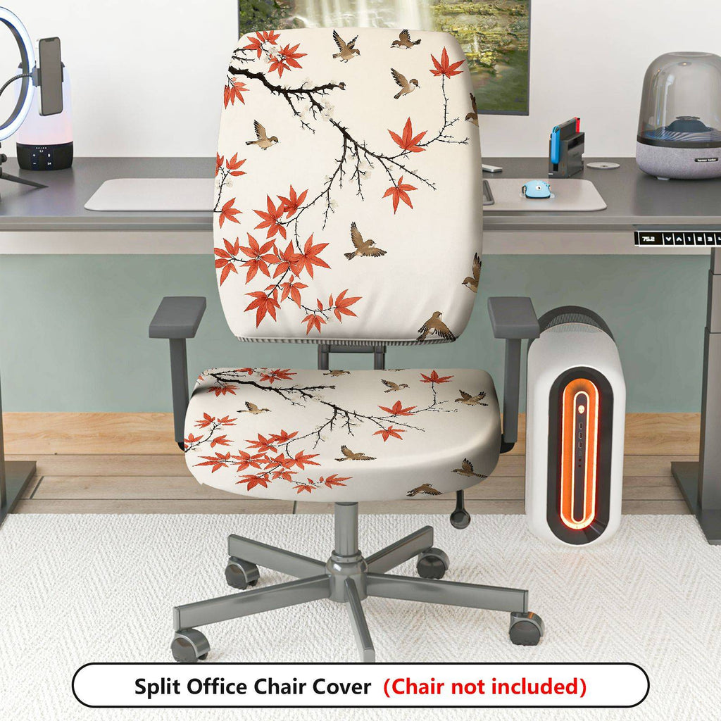 2-Piece Autumn Bird Maple Tree Decorative  Computer Chair Cover Set, Seat and Backrest