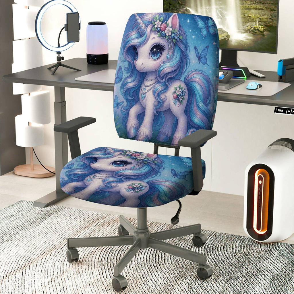 2-Piece Magical Unicorn Fantasy Butterfly Flower Glitter  Computer Chair Cover Set, Seat and Backrest