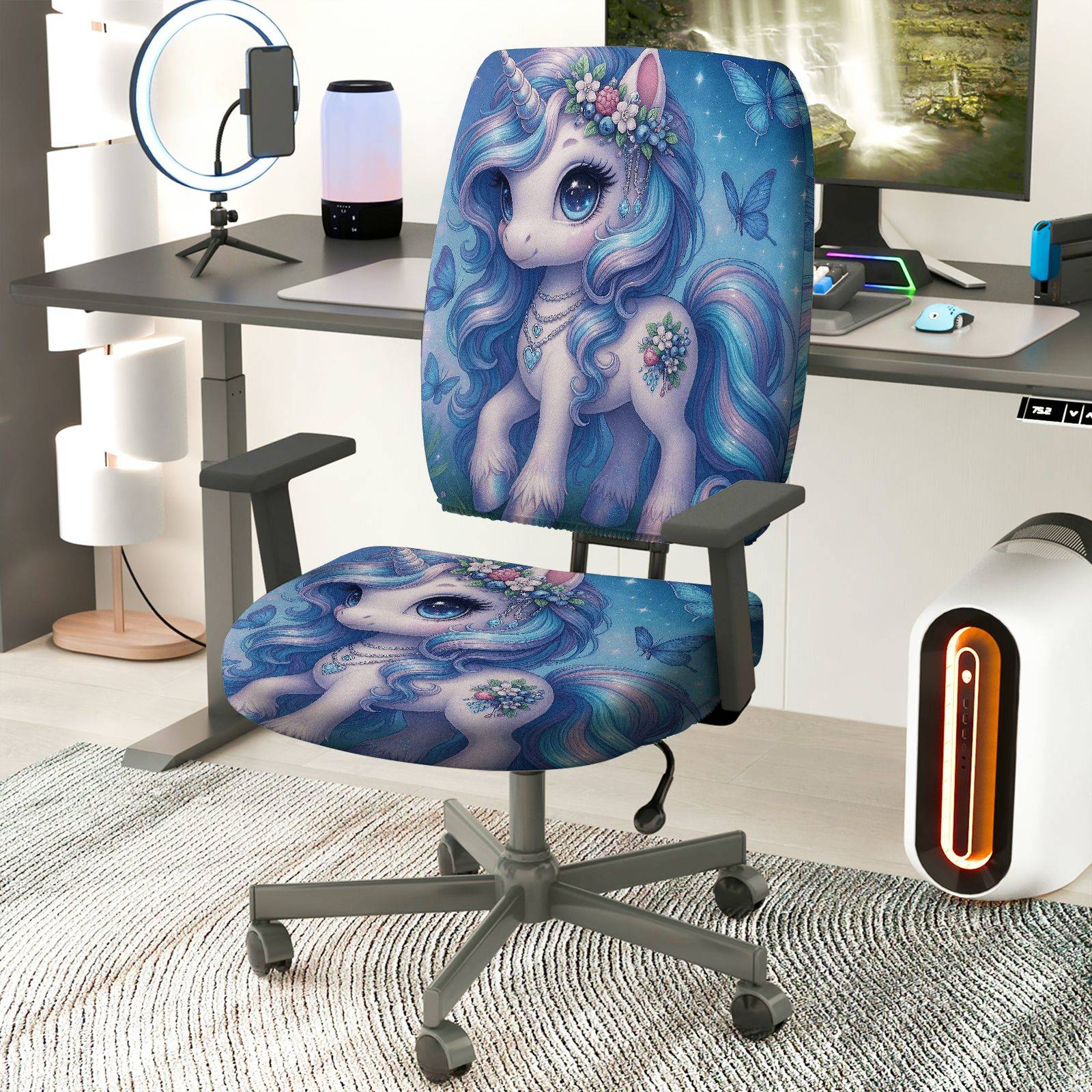 2-Piece Magical Unicorn Fantasy Butterfly Flower Glitter  Computer Chair Cover Set, Seat and Backrest