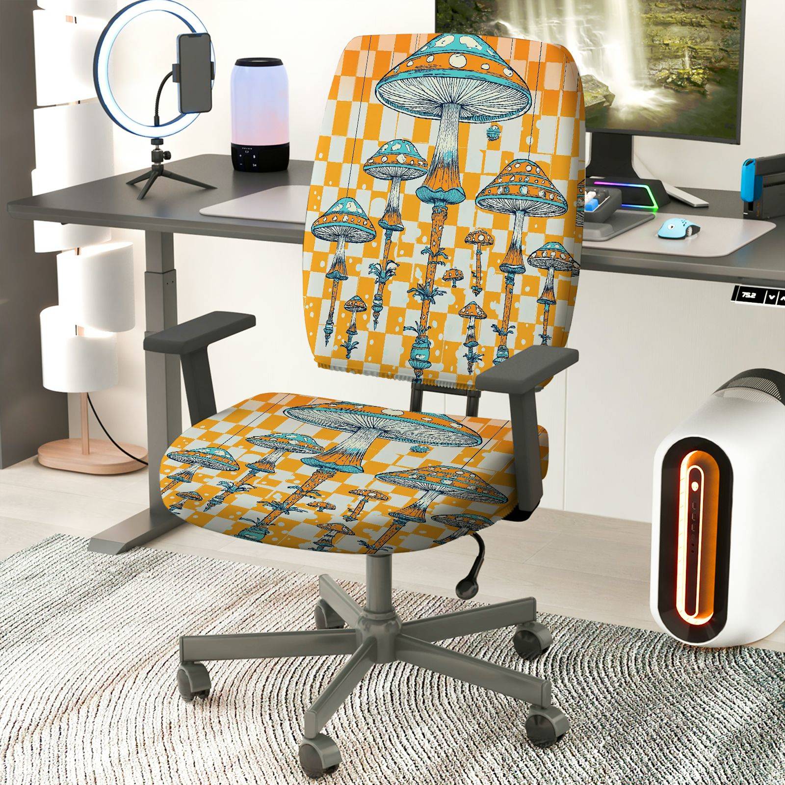 2-Piece Funky Colorful Geometric Mushroom Nature Art  Computer Chair Cover Set, Seat and Backrest