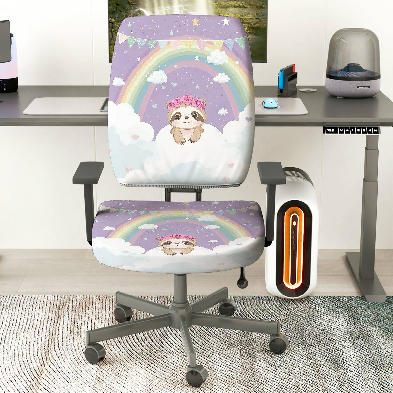 2-Piece Adorable Sloth Rainbow Cloud Cute Dreamy  Computer Chair Cover Set, Seat and Backrest