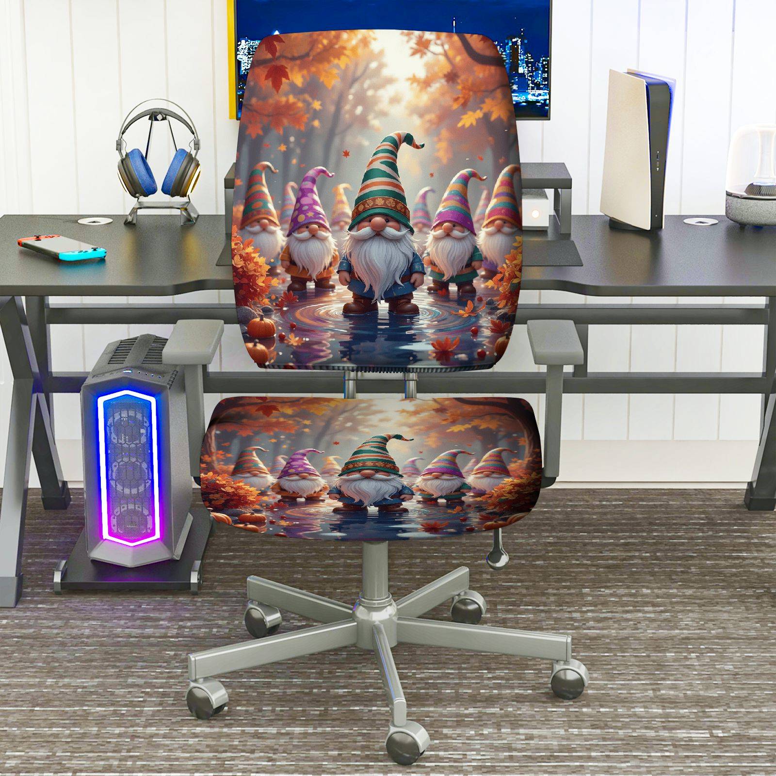 2-Piece Autumn Fairy Gnome Forest Pumpkin Seasonal  Computer Chair Cover Set, Seat and Backrest