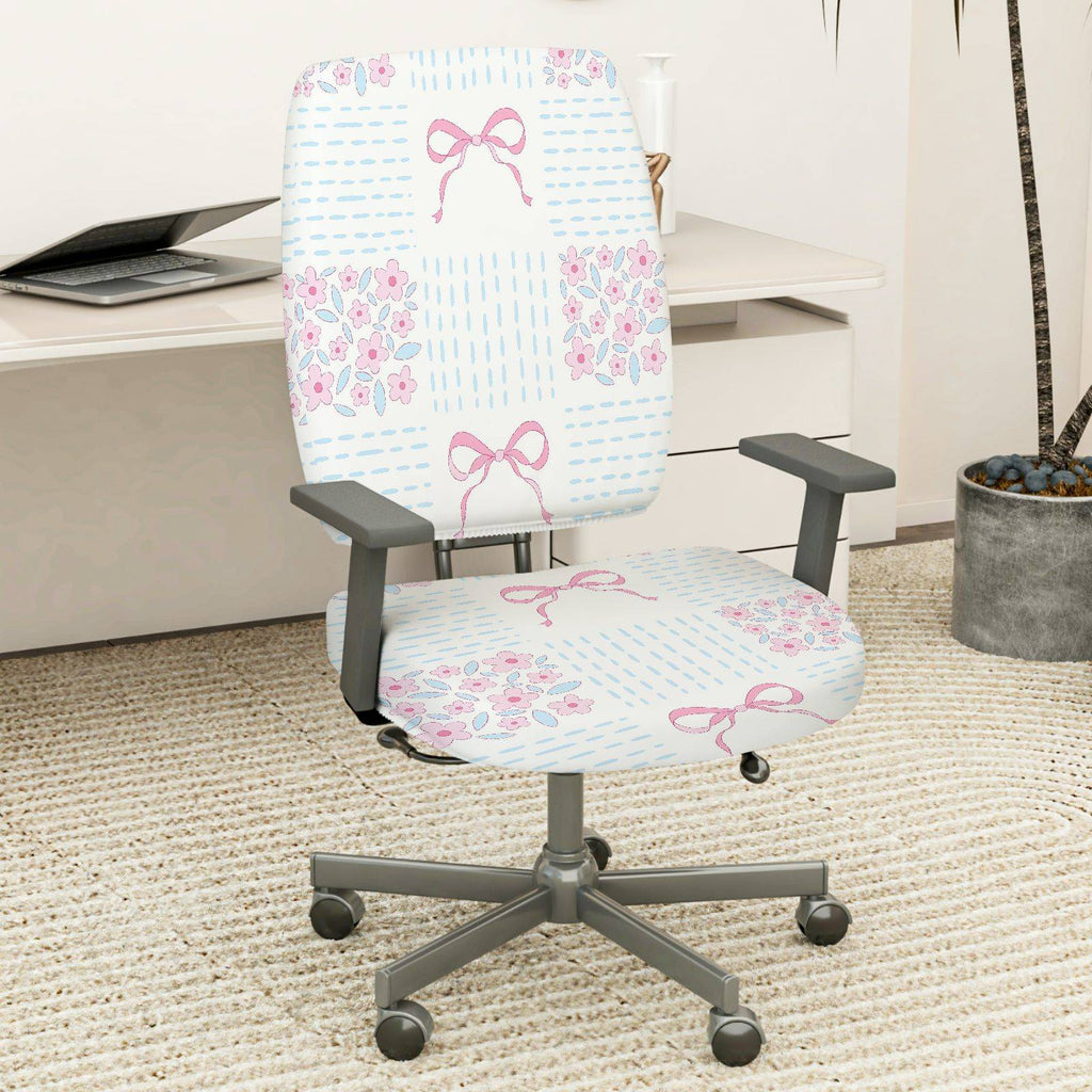 2-Piece Floral Bowknot Pastel Cute Decorative  Computer Chair Cover Set, Seat and Backrest