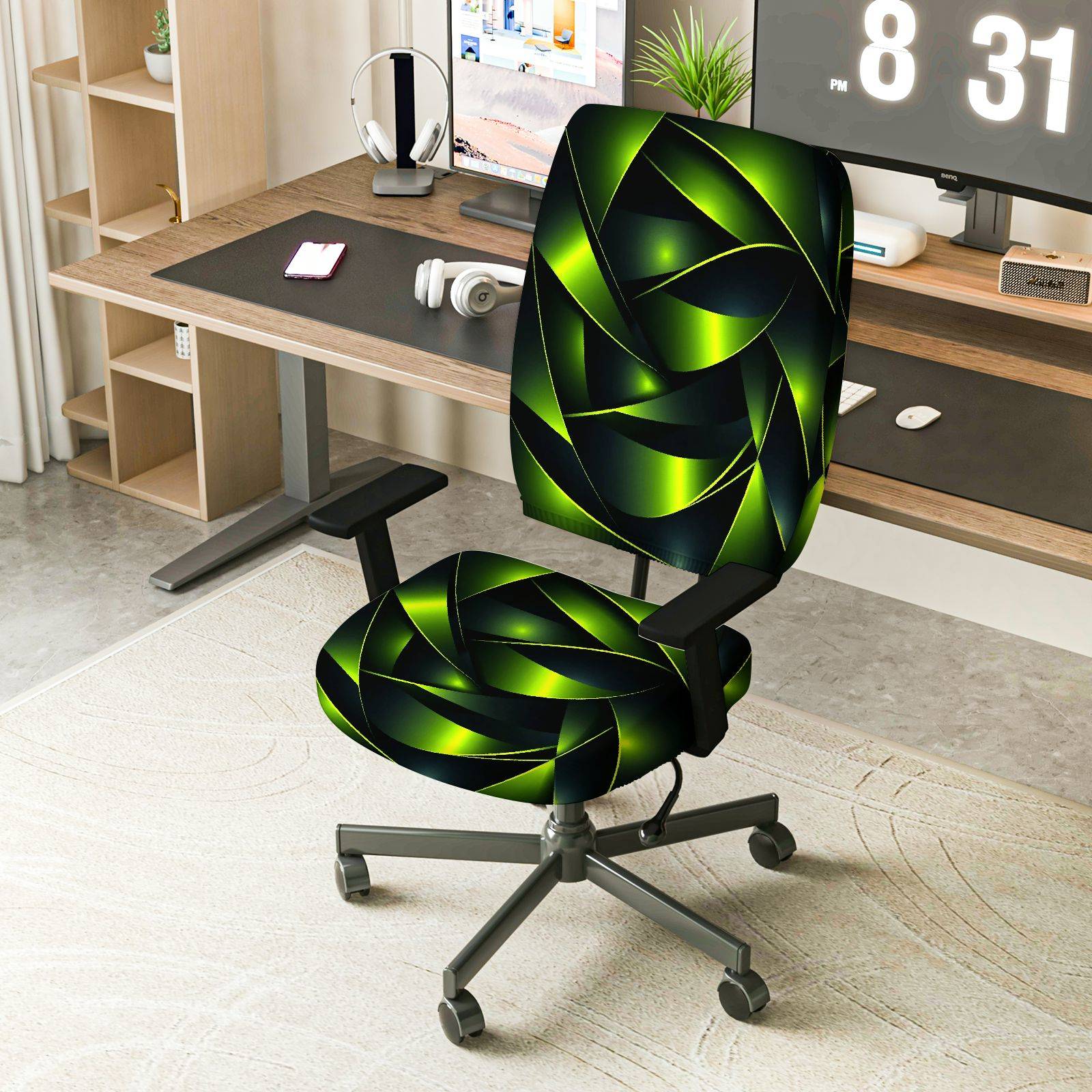 2-Piece Abstract Geometric Green Swirl Modern Decorative  Computer Chair Cover Set, Seat and Backrest