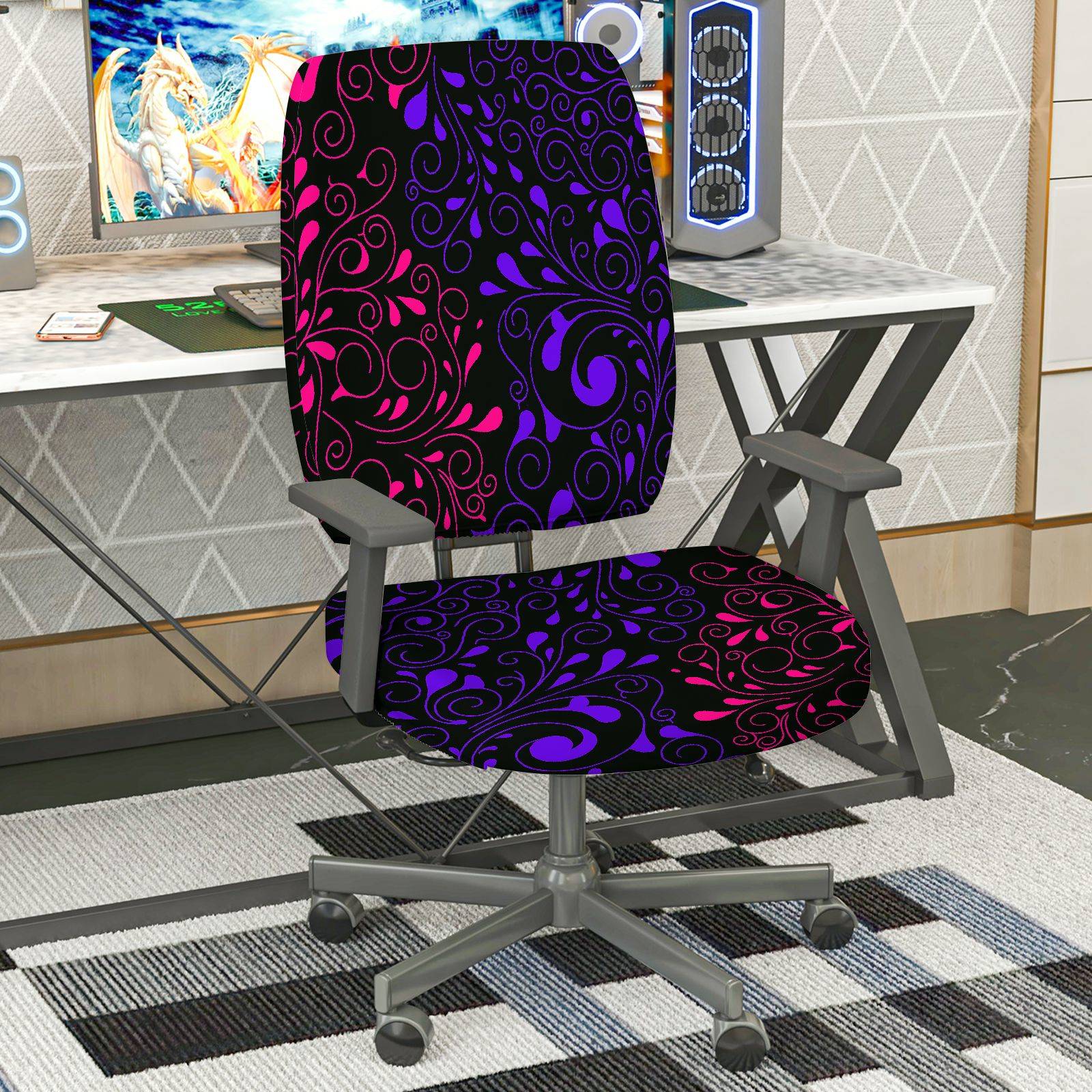 2-Piece Abstract Floral Swirl Pattern Black Purple Pink  Computer Chair Cover Set, Seat and Backrest