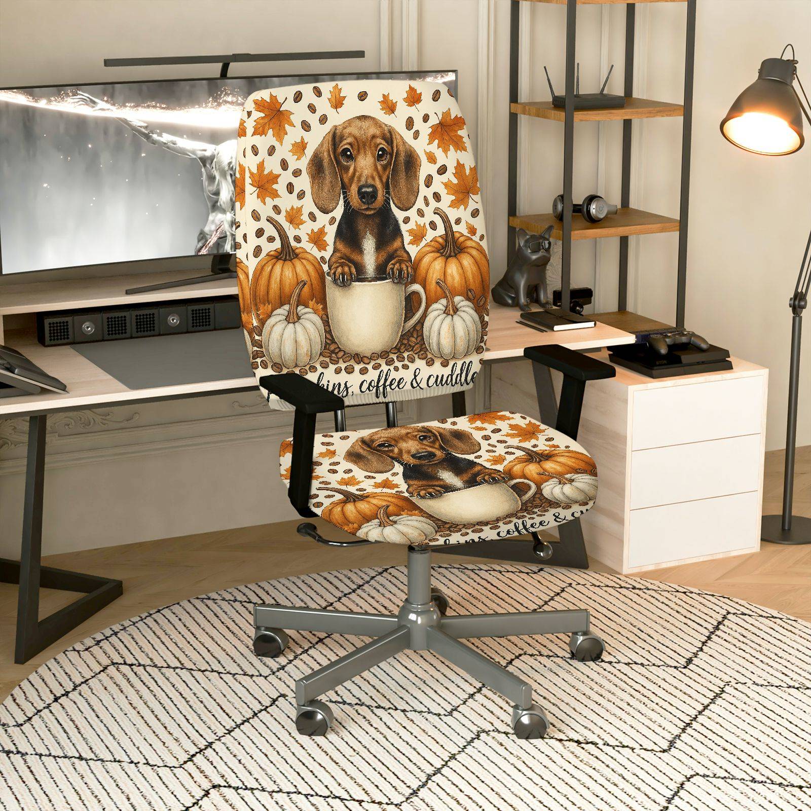 2-Piece Autumn Puppy Pumpkin Leaves Coffee  Computer Chair Cover Set, Seat and Backrest