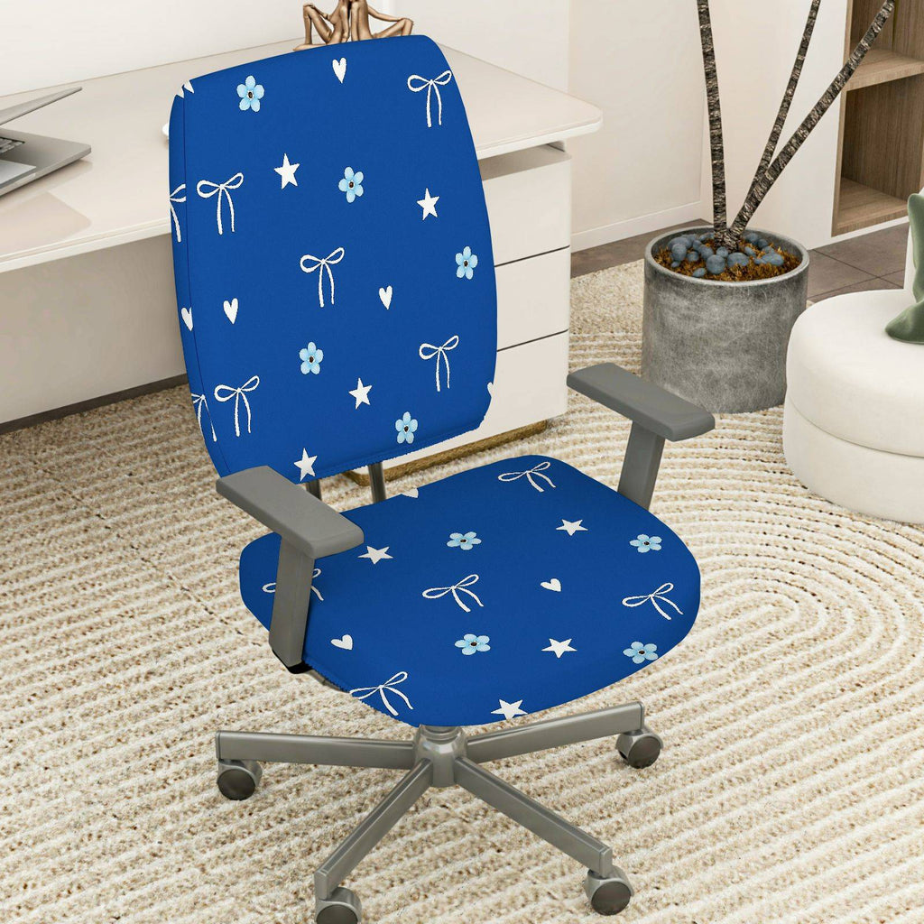 2-Piece Blue Star Heart Bow Flower  Computer Chair Cover Set, Seat and Backrest