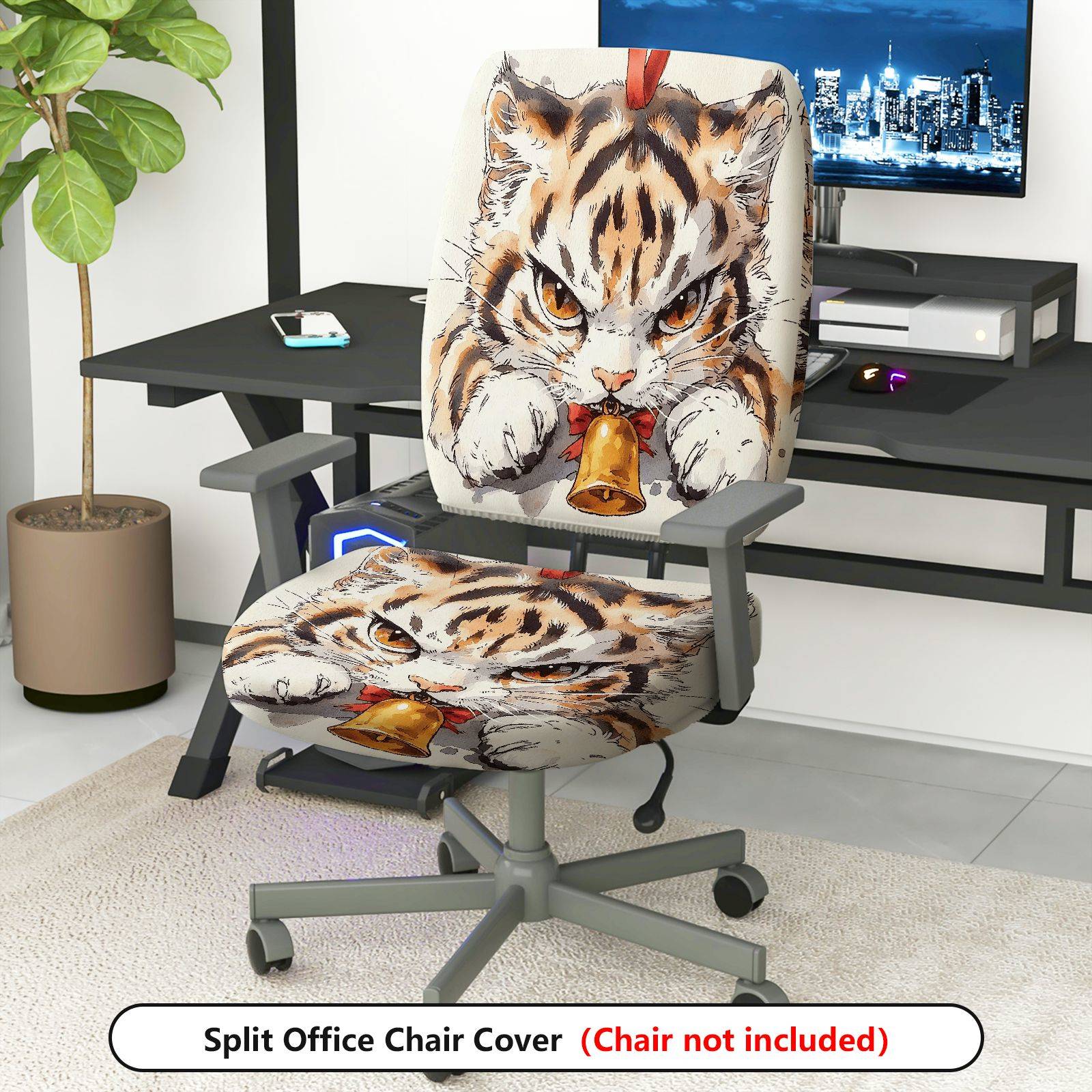 2-Piece Animal Cat Bell Drawn Pattern  Computer Chair Cover Set, Seat and Backrest