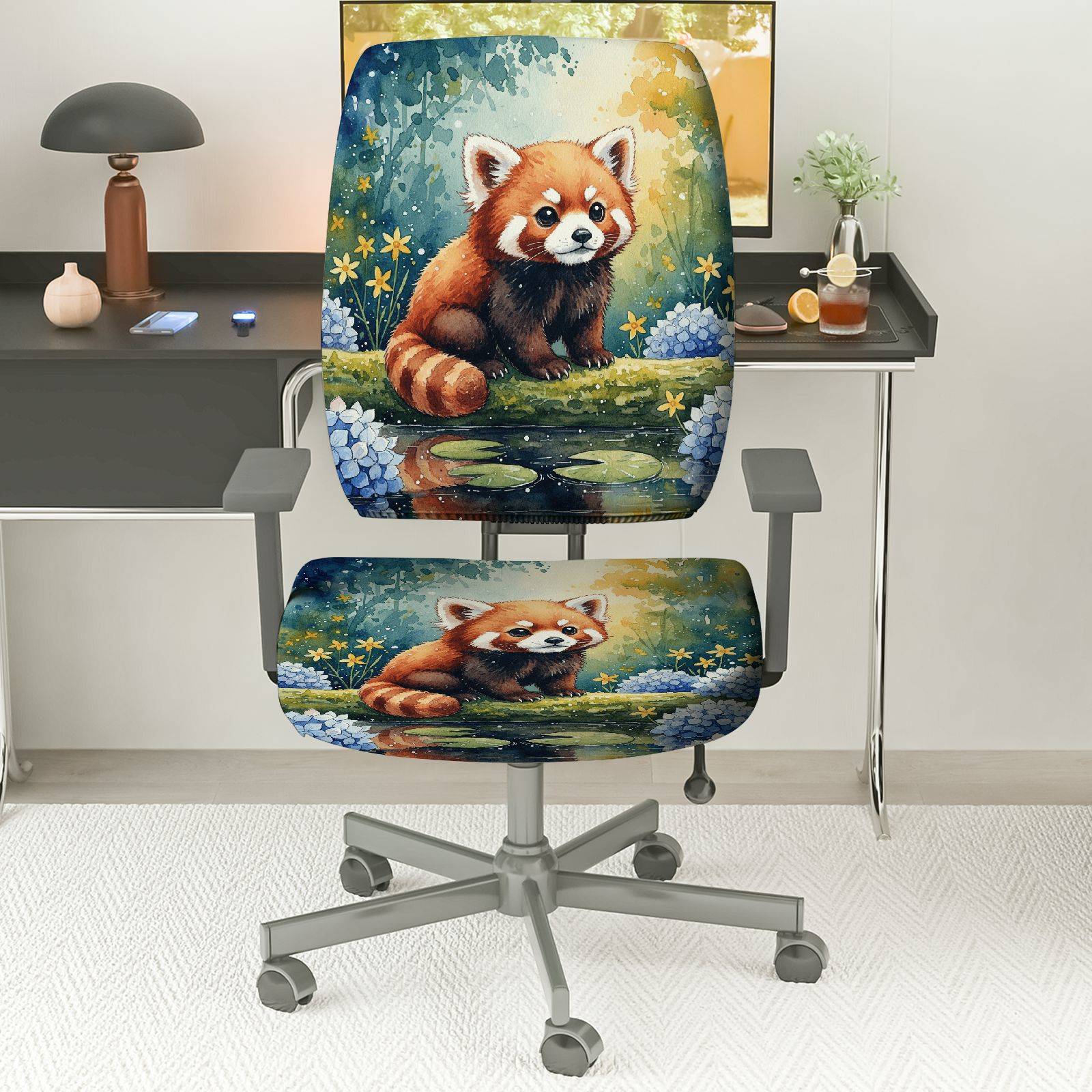 2-Piece Red Panda Nature Forest Animal  Computer Chair Cover Set, Seat and Backrest