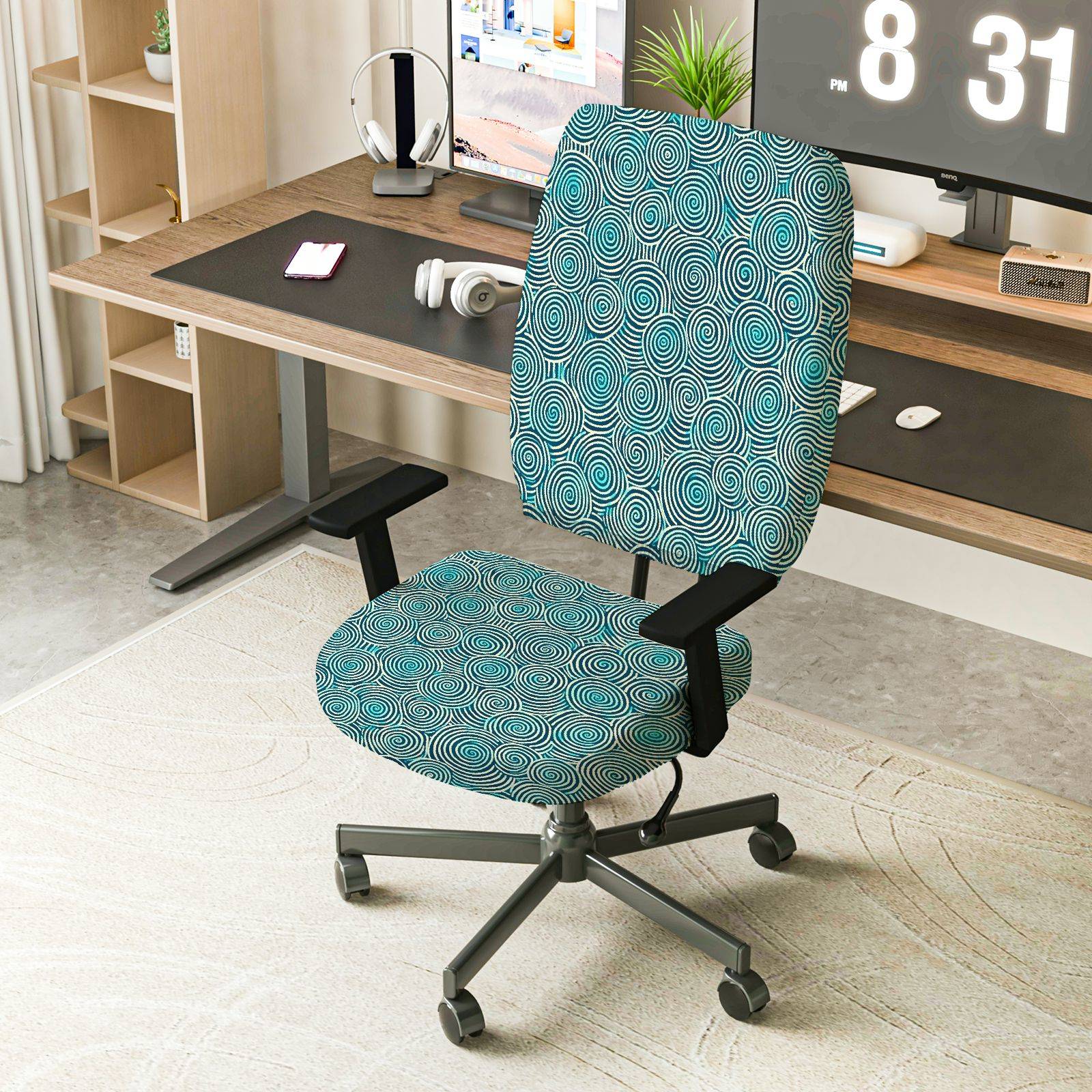 2-Piece Geometric Swirl Pattern Turquoise Stylish Modern  Computer Chair Cover Set, Seat and Backrest