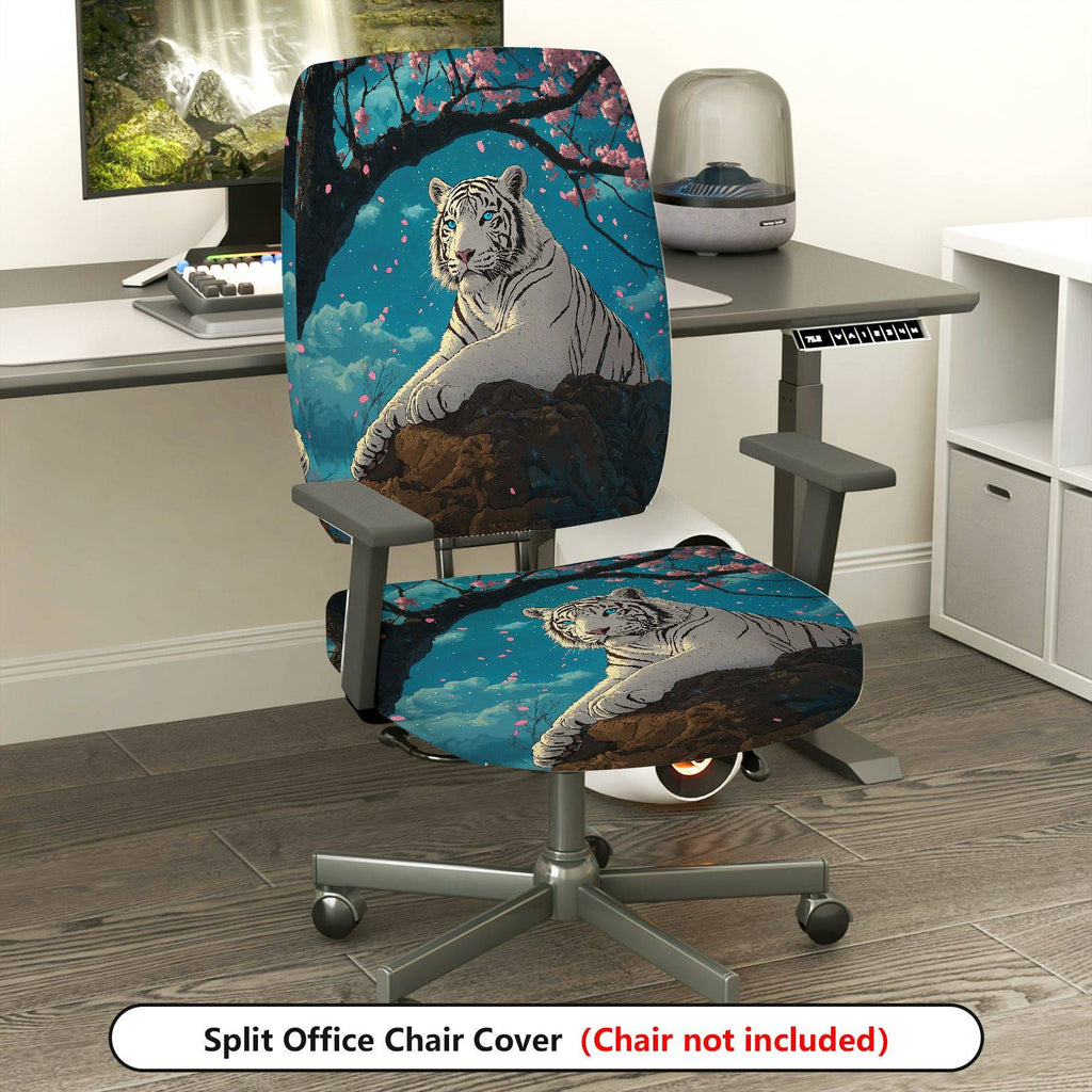 2-Piece White Tiger Cherry Blossom Night Sky Animal Nature  Computer Chair Cover Set, Seat and Backrest