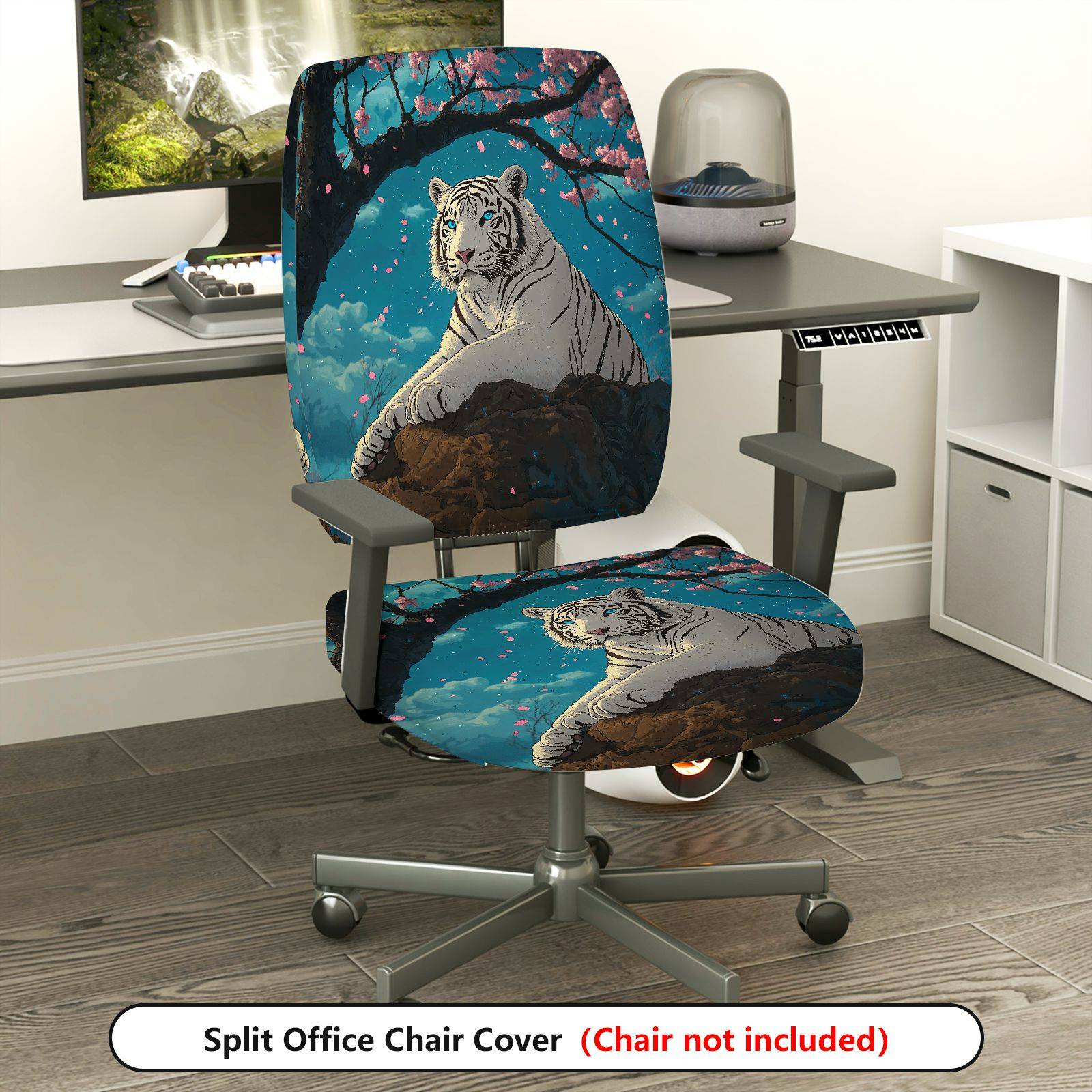 2-Piece White Tiger Cherry Blossom Night Sky Animal Nature  Computer Chair Cover Set, Seat and Backrest