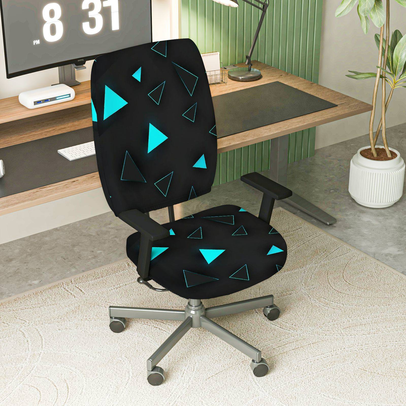 2-Piece Geometric Black Blue Triangle Modern Stylish  Computer Chair Cover Set, Seat and Backrest