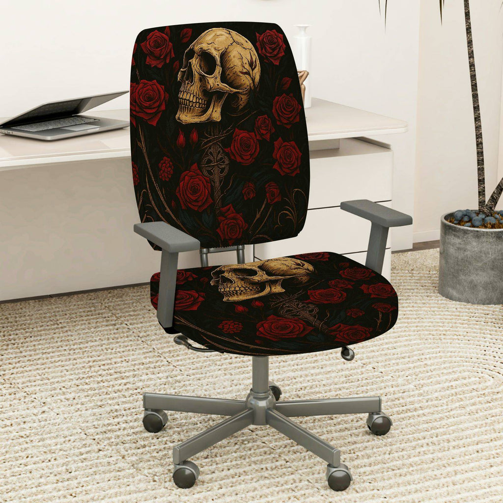 2-Piece Gothic Skull Floral Rose Black  Computer Chair Cover Set, Seat and Backrest