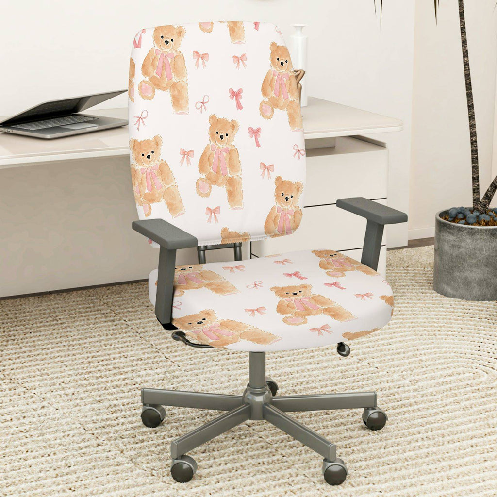 2-Piece Adorable Teddy Bear Pink Ribbon Sweet Cute Fun  Computer Chair Cover Set, Seat and Backrest