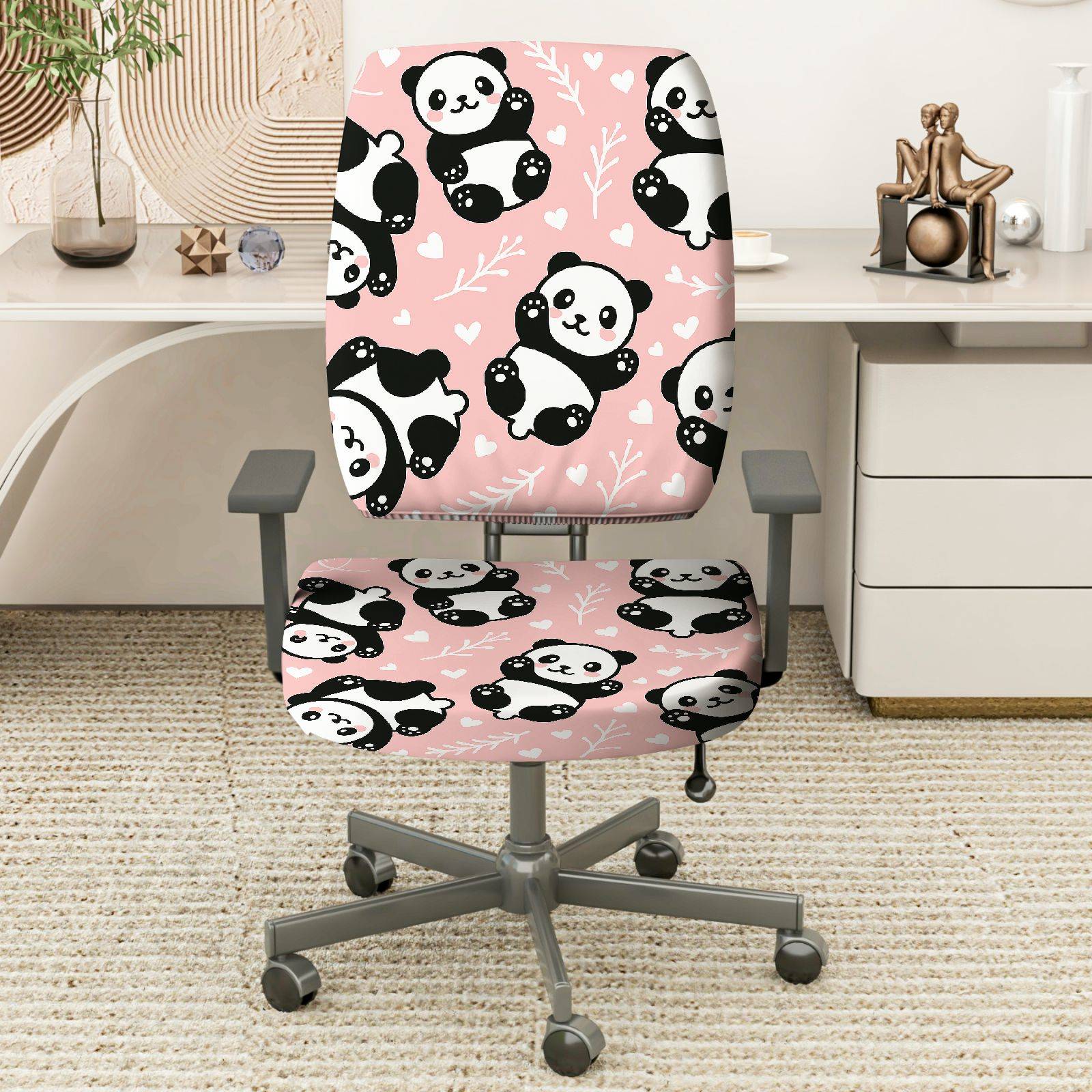 2-Piece Panda Cute Pink Animal Leaf  Computer Chair Cover Set, Seat and Backrest