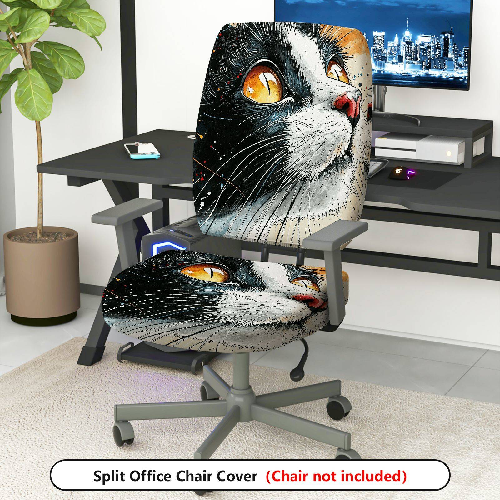 2-Piece Cat Pattern Art Design Animal Print Black White  Computer Chair Cover Set, Seat and Backrest