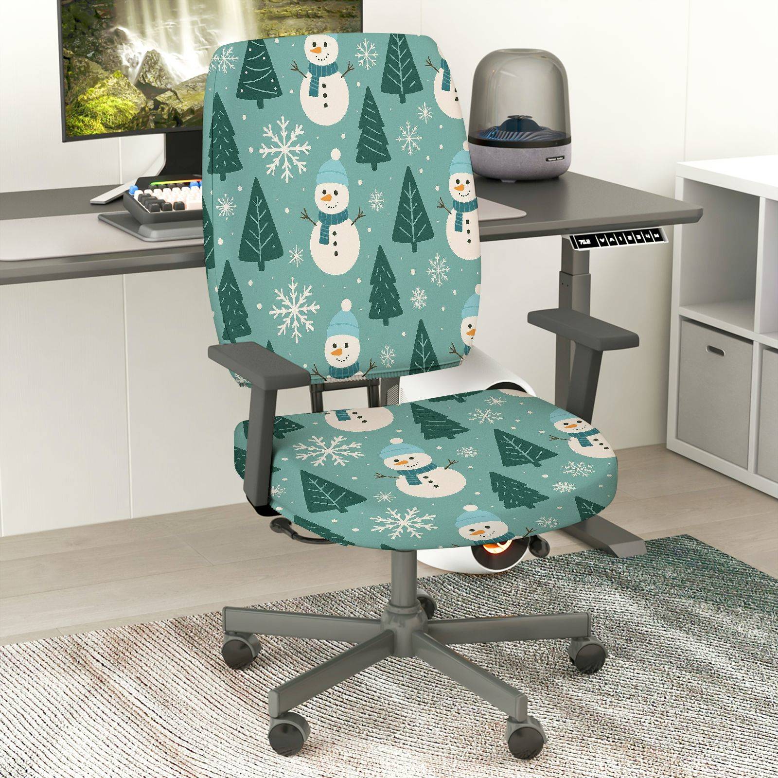 2-Piece Christmas Snowman Pine Tree Snowflake Holiday Winter  Computer Chair Cover Set, Seat and Backrest