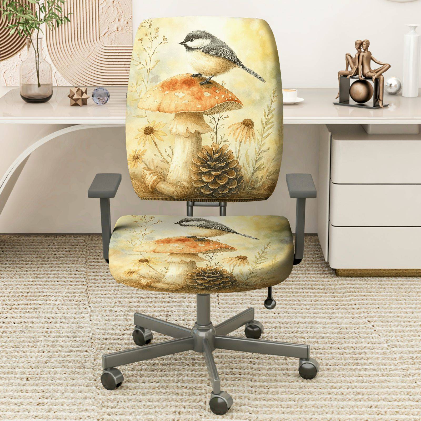 2-Piece Autumn Nature Bird Mushroom Pinecone Botanical  Computer Chair Cover Set, Seat and Backrest