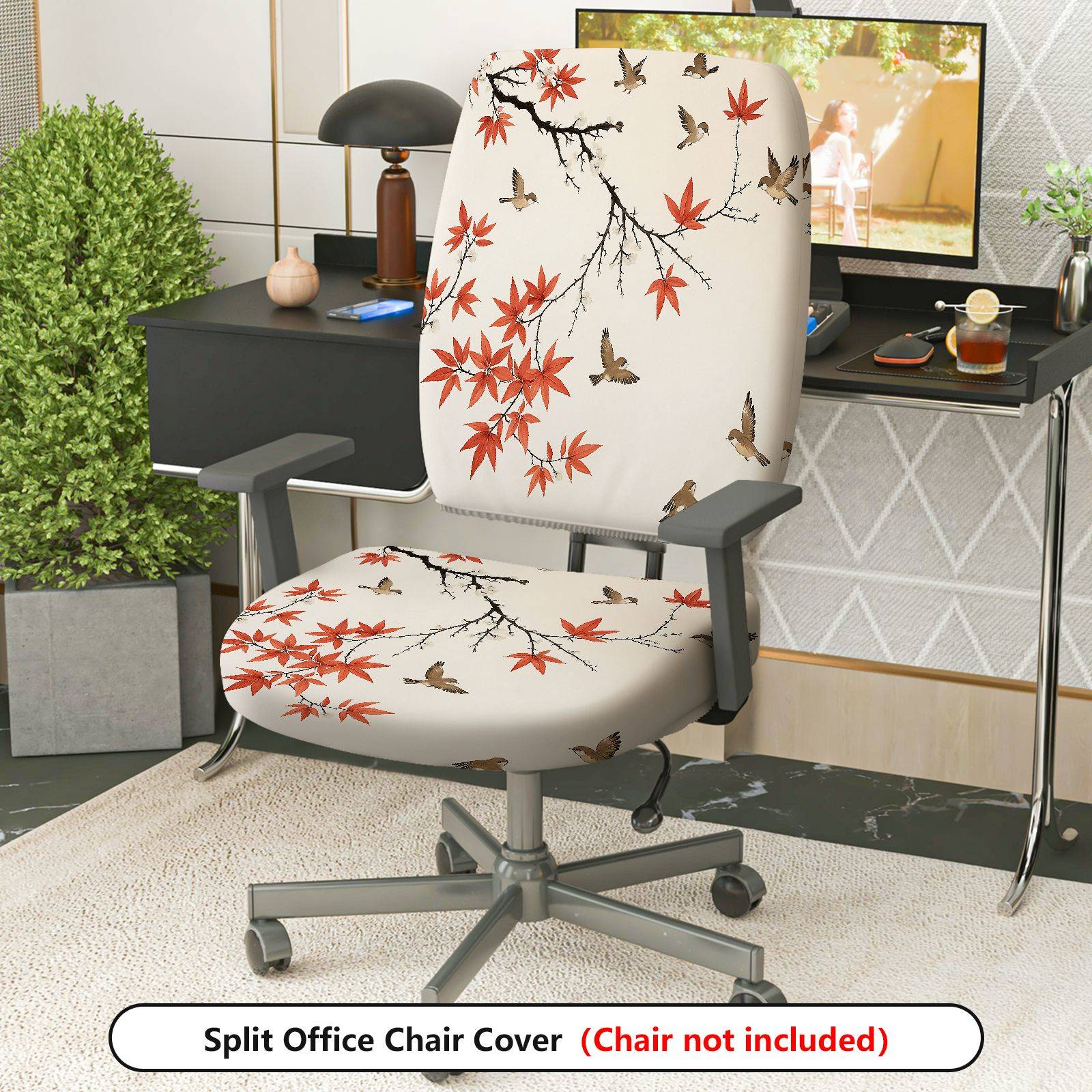 2-Piece Autumn Bird Maple Tree Decorative  Computer Chair Cover Set, Seat and Backrest