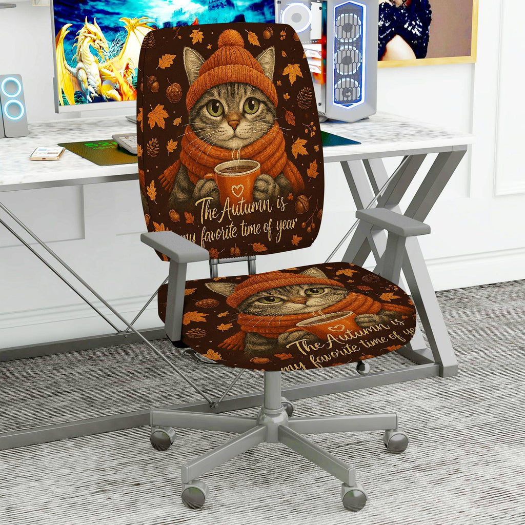 2-Piece Autumn Cat Coffee Leaves Cozy  Computer Chair Cover Set, Seat and Backrest