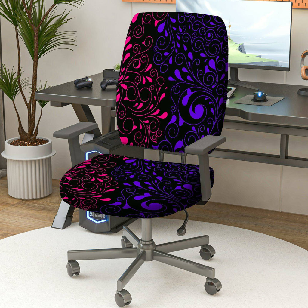 2-Piece Abstract Floral Swirl Pattern Black Purple Pink  Computer Chair Cover Set, Seat and Backrest