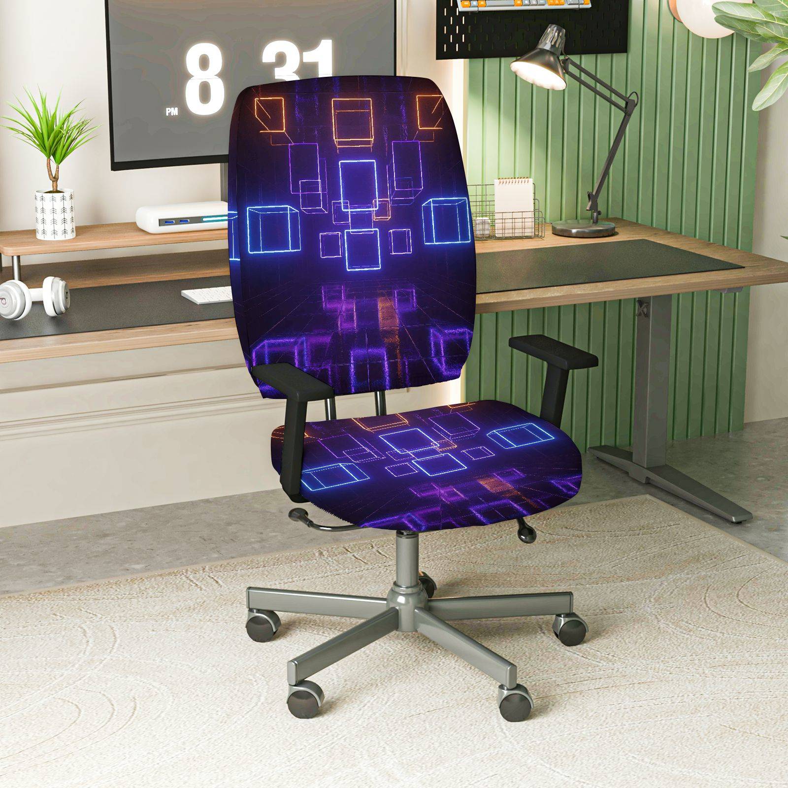 2-Piece Digital Geometric Abstract Cyber Tech  Computer Chair Cover Set, Seat and Backrest