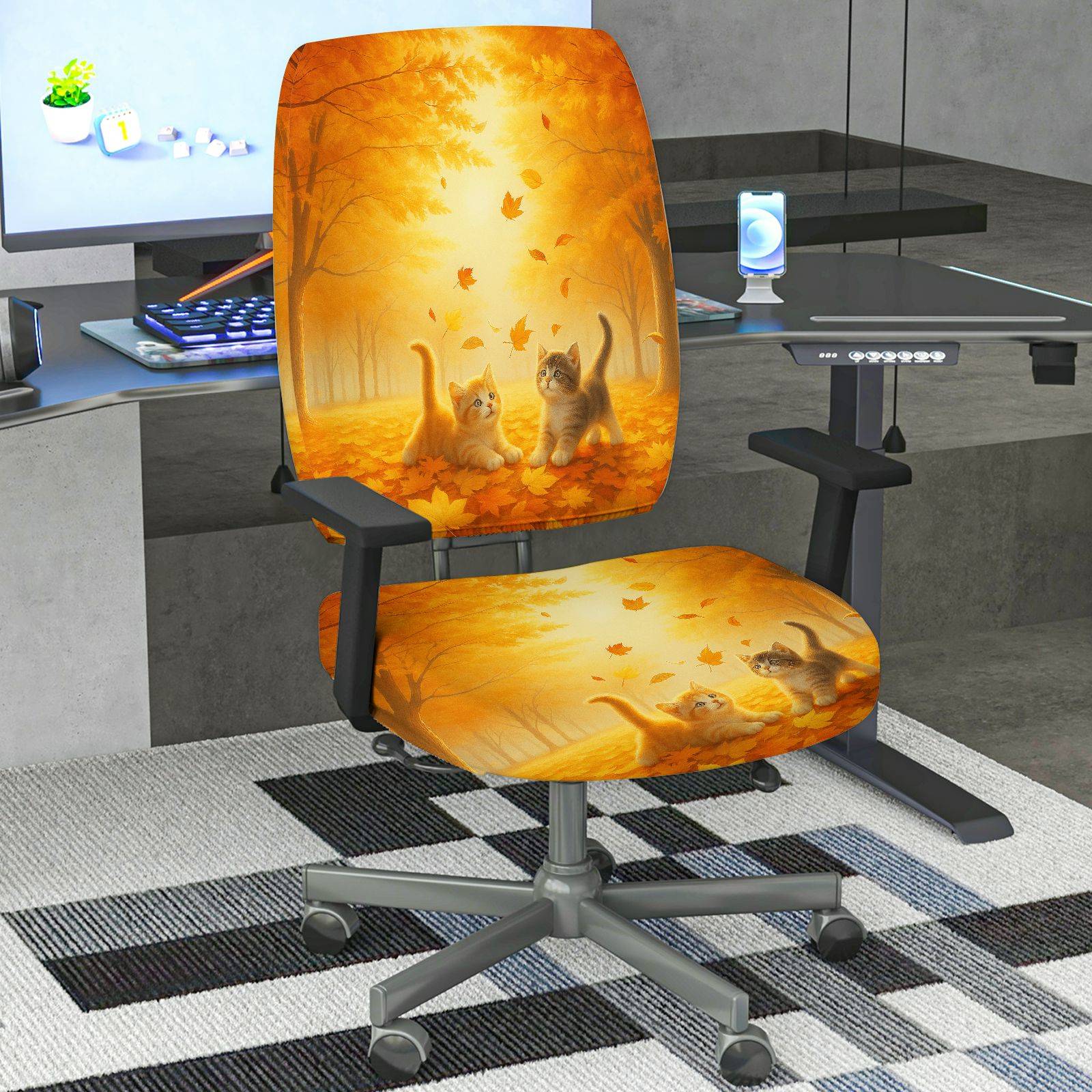 2-Piece Autumn Leaves Cat Forest Nature Fall  Computer Chair Cover Set, Seat and Backrest