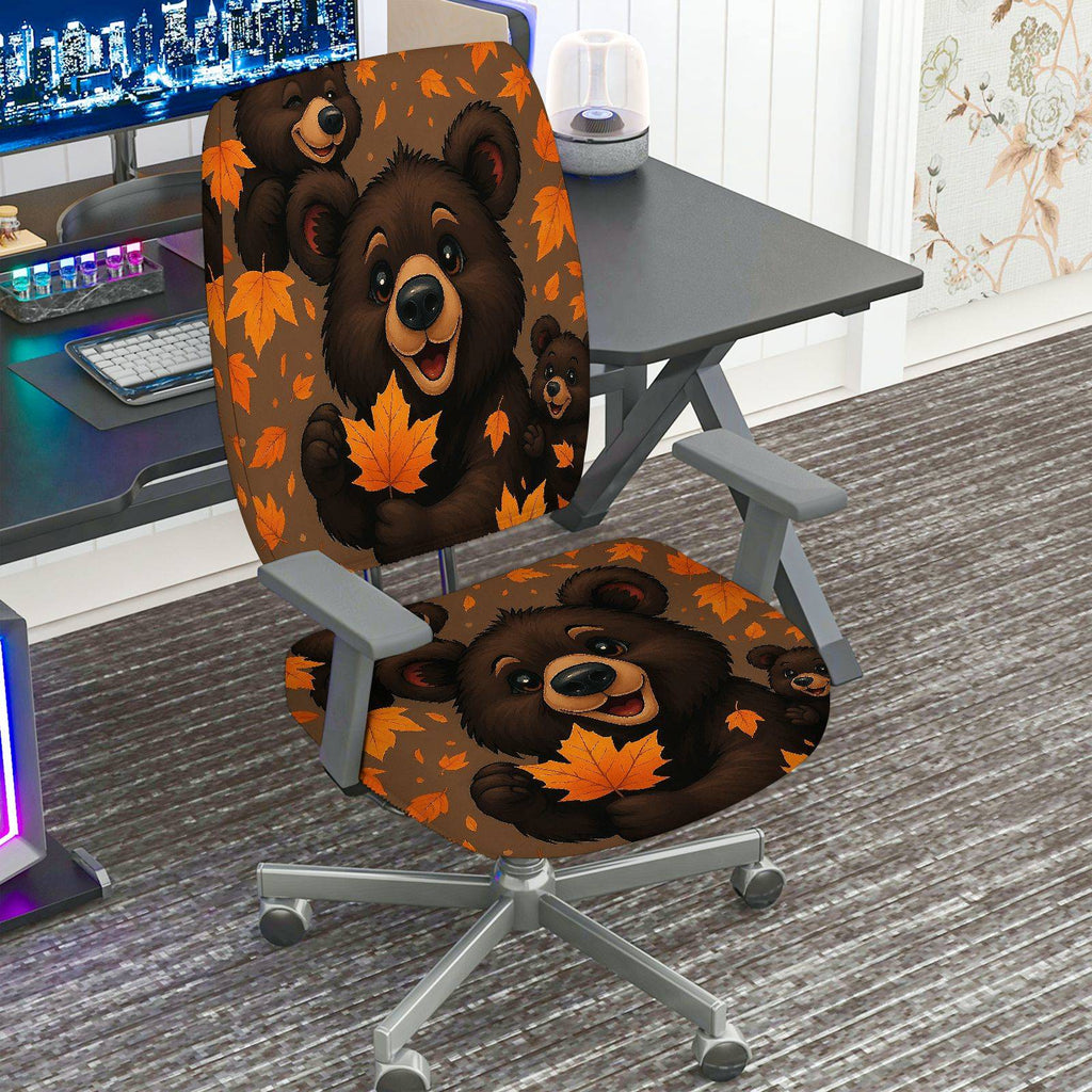 2-Piece Autumn Bear Warm Cozy Fun  Computer Chair Cover Set, Seat and Backrest
