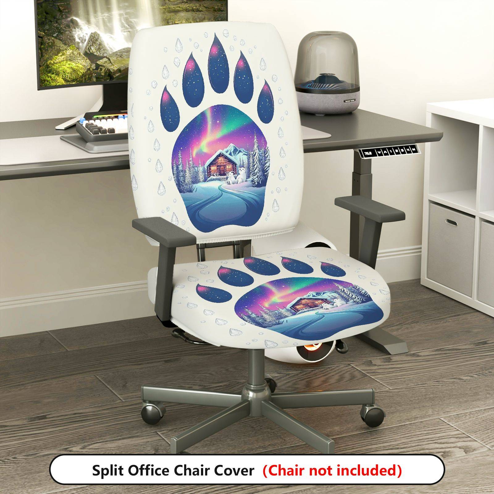 2-Piece Aurora Winter Cabin Snowflake Paw  Computer Chair Cover Set, Seat and Backrest