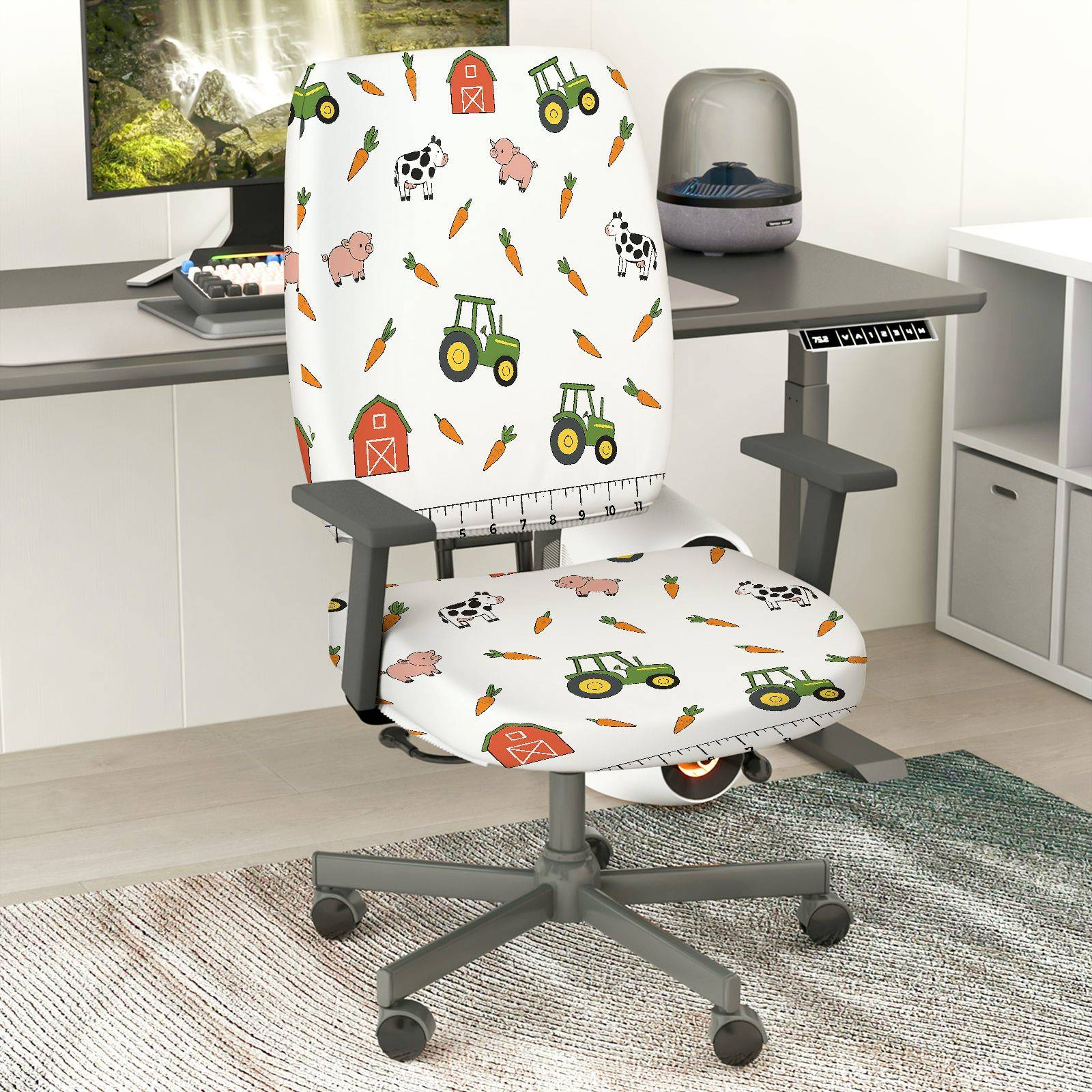 2-Piece Farm Animal Truck Barn Carrot Tractor  Computer Chair Cover Set, Seat and Backrest
