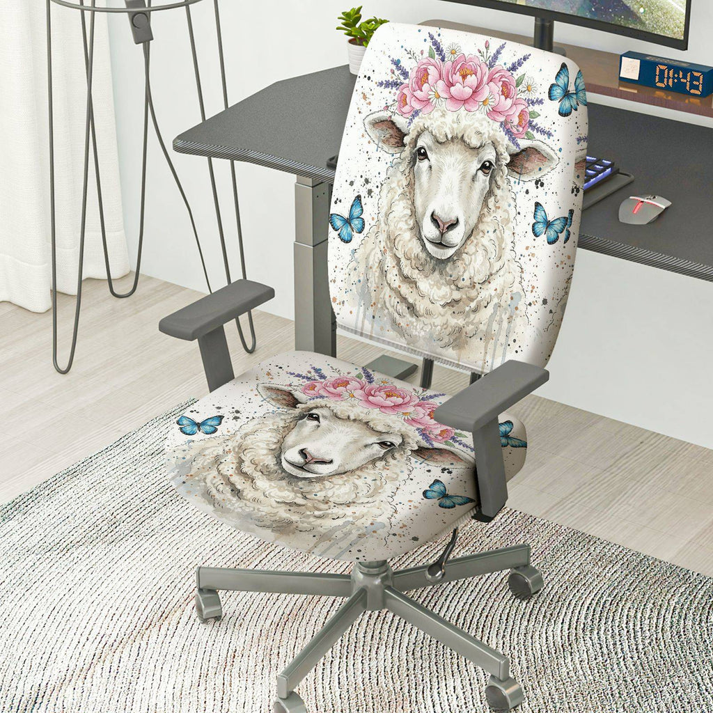 2-Piece Floral Animal Pastel Sheep Butterfly  Computer Chair Cover Set, Seat and Backrest