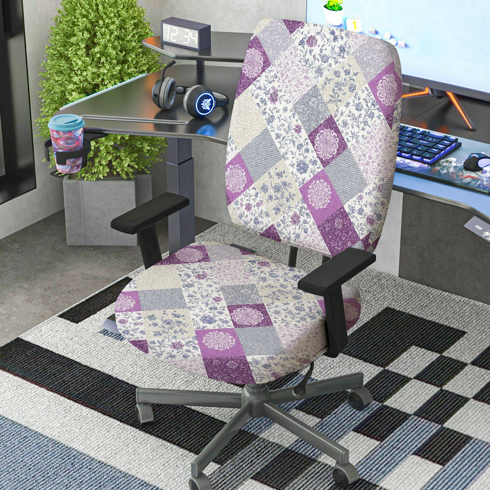 2-Piece Abstract Floral Plaid Purple Quilted  Computer Chair Cover Set, Seat and Backrest