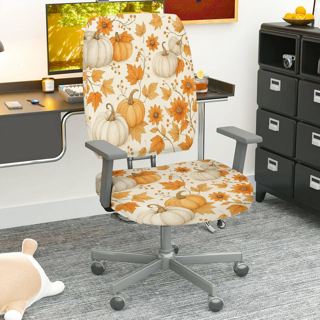 2-Piece Autumn Pumpkin Leaves Floral Thanksgiving  Computer Chair Cover Set, Seat and Backrest