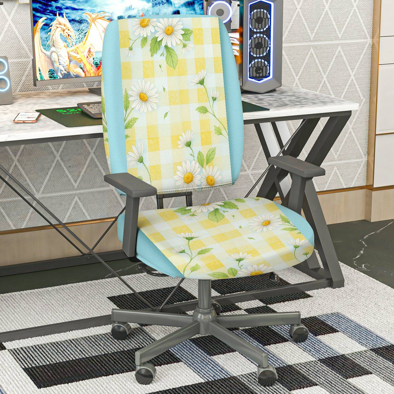 2-Piece Yellow Floral Daisy Checkered Spring Summer  Computer Chair Cover Set, Seat and Backrest