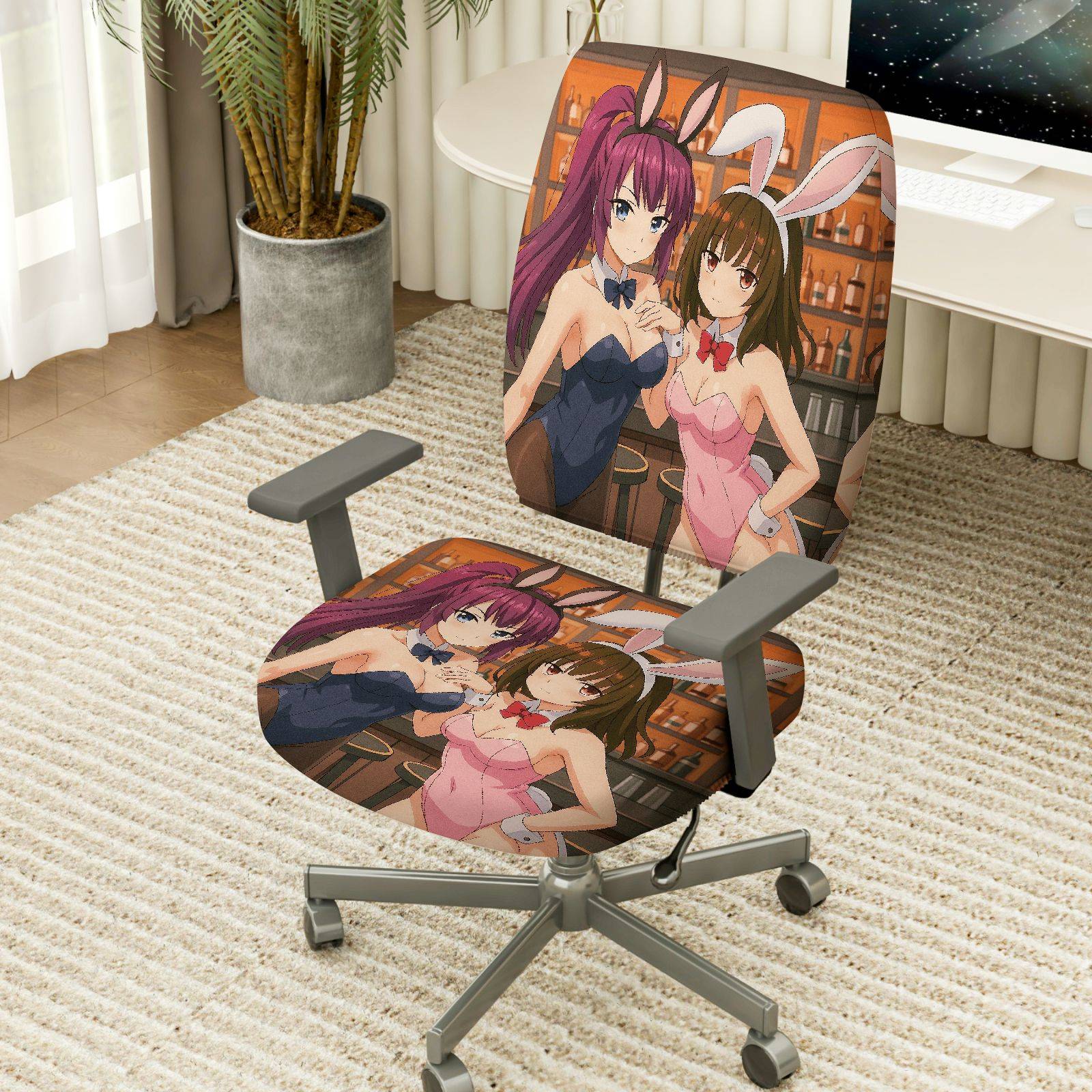 2-Piece Anime Bunny Girl Bar Style Gaming  Computer Chair Cover Set, Seat and Backrest