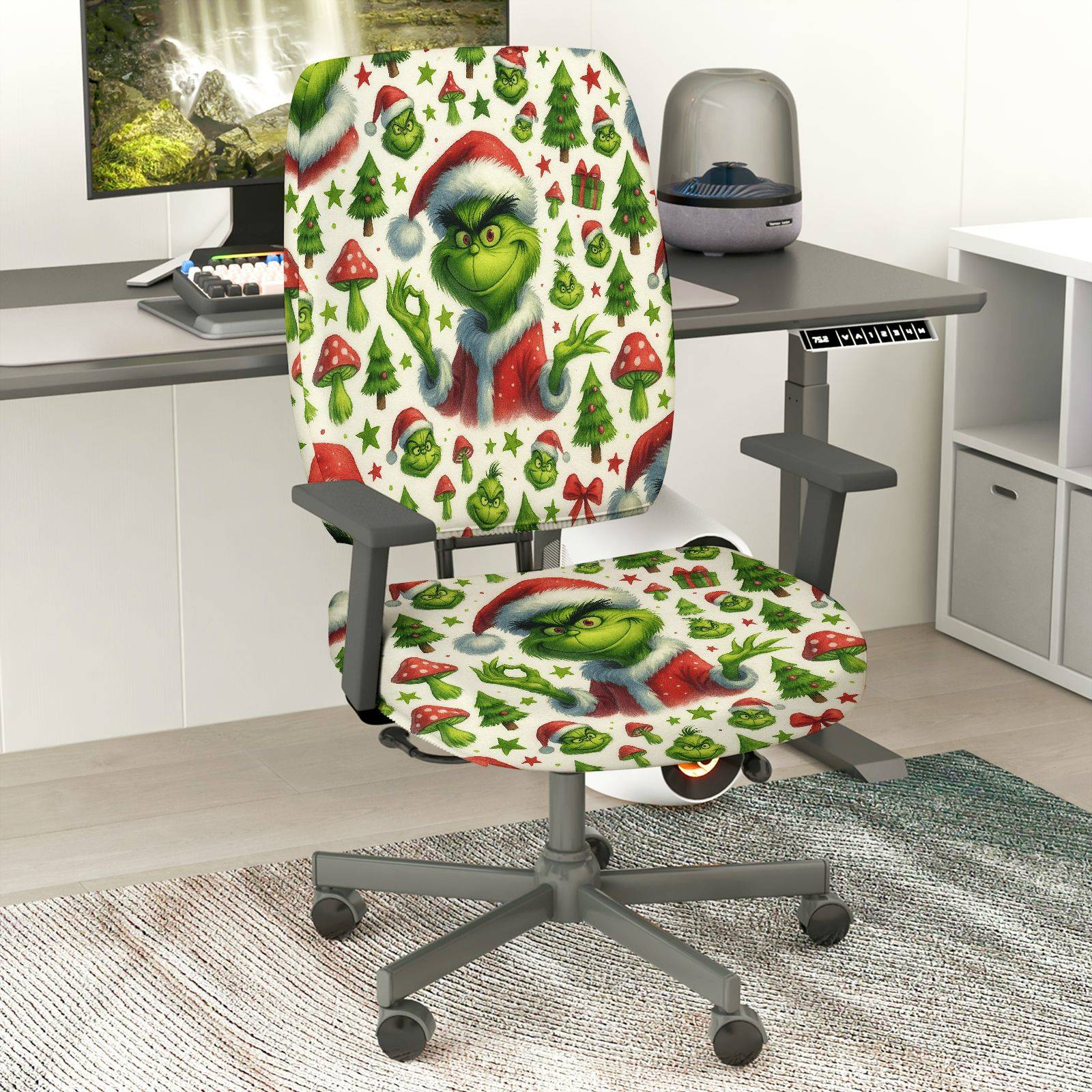2-Piece Christmas Grinch Santa Tree Gift Decoration  Computer Chair Cover Set, Seat and Backrest