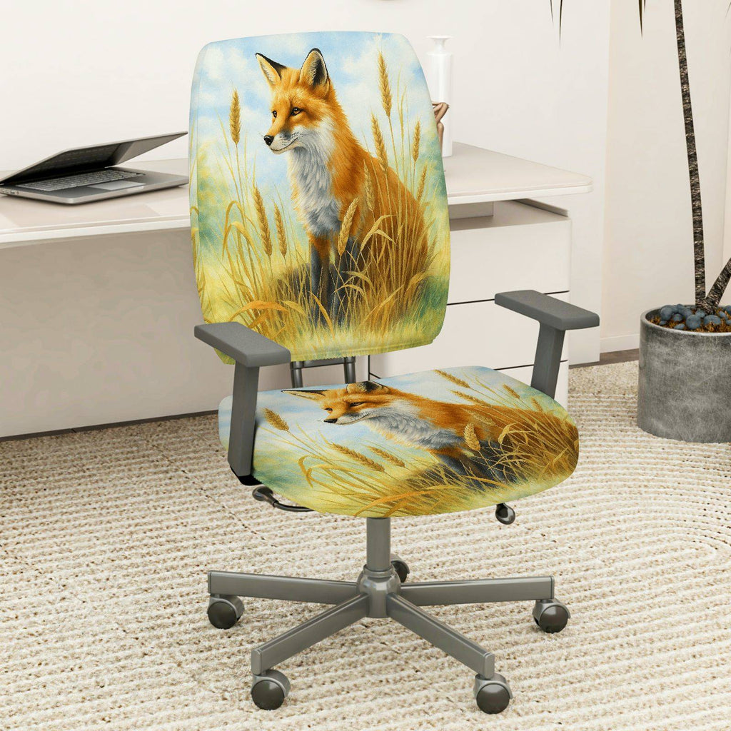 2-Piece Animal Nature Landscape Fox Grass  Computer Chair Cover Set, Seat and Backrest