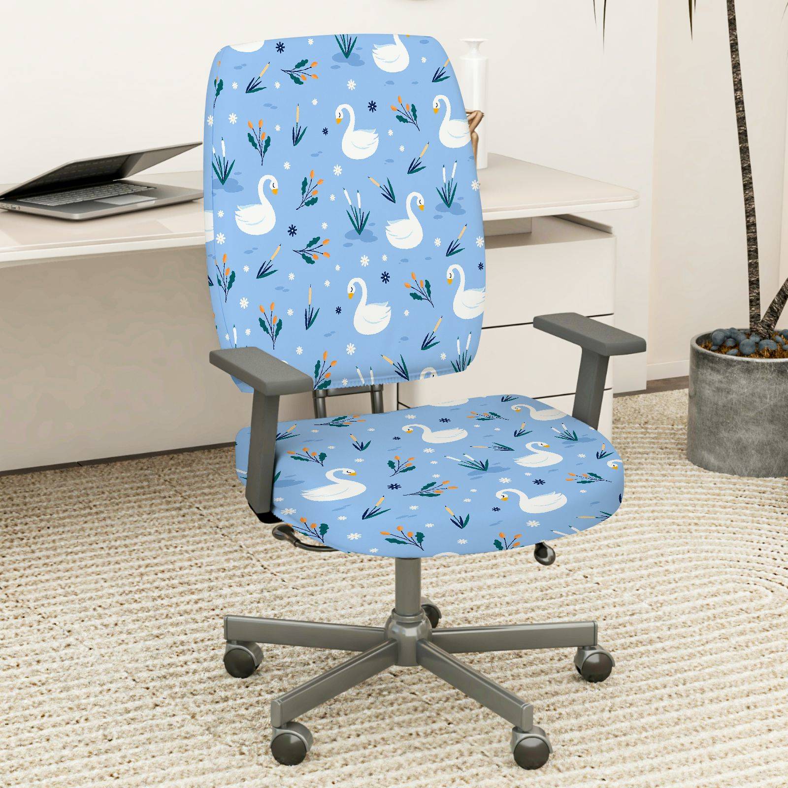 2-Piece Blue Swan Pattern Floral Winter Waterfowl Animal  Computer Chair Cover Set, Seat and Backrest