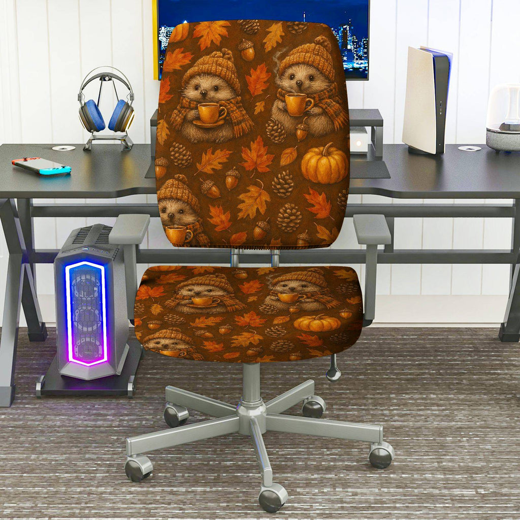 2-Piece Autumn Pumpkin Hedgehog Cute Leaves Acorn  Computer Chair Cover Set, Seat and Backrest
