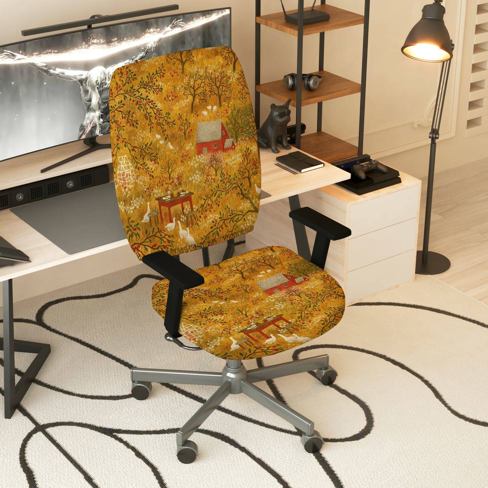 2-Piece Autumn Forest Animal Cabin Rabbit  Computer Chair Cover Set, Seat and Backrest