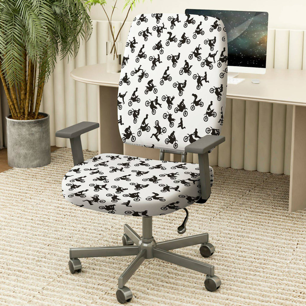 2-Piece Motorcycle Stunt Black White Pattern  Computer Chair Cover Set, Seat and Backrest