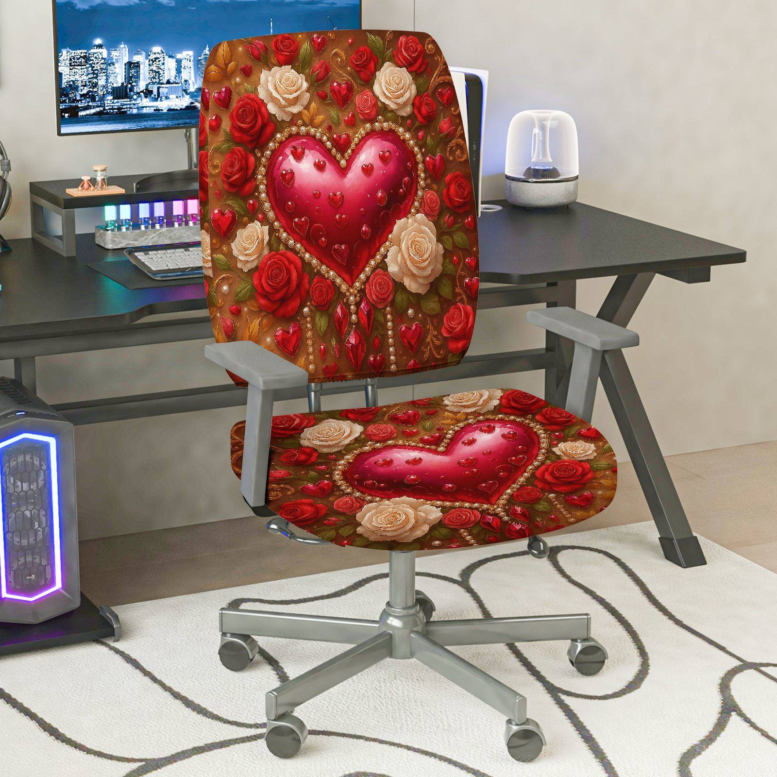 2-Piece Romantic Valentine Heart Love Rose Flower  Computer Chair Cover Set, Seat and Backrest