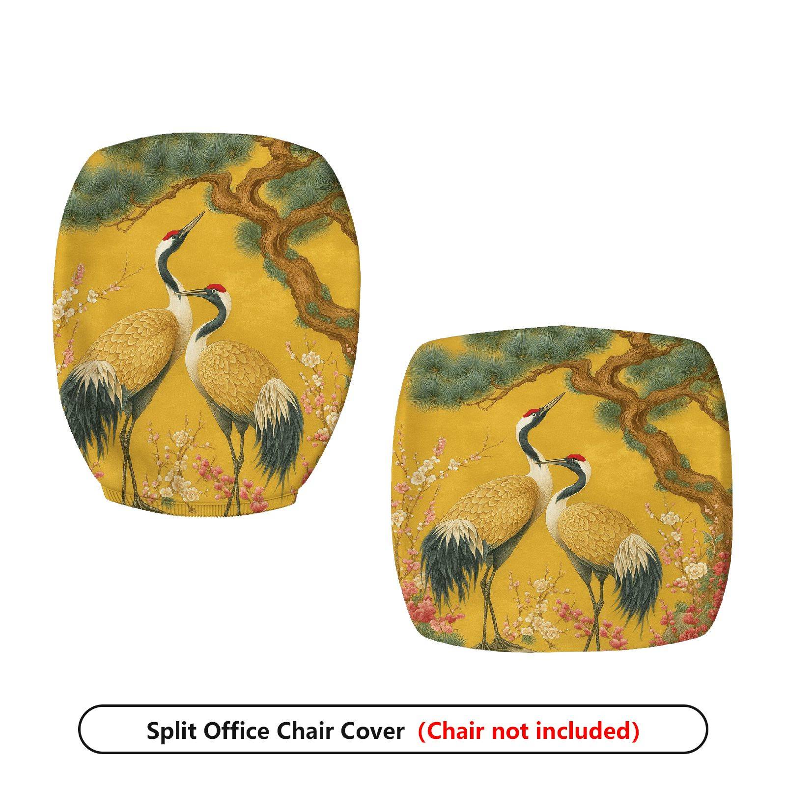 2-Piece Asian Crane Floral Tree Nature Art  Computer Chair Cover Set, Seat and Backrest
