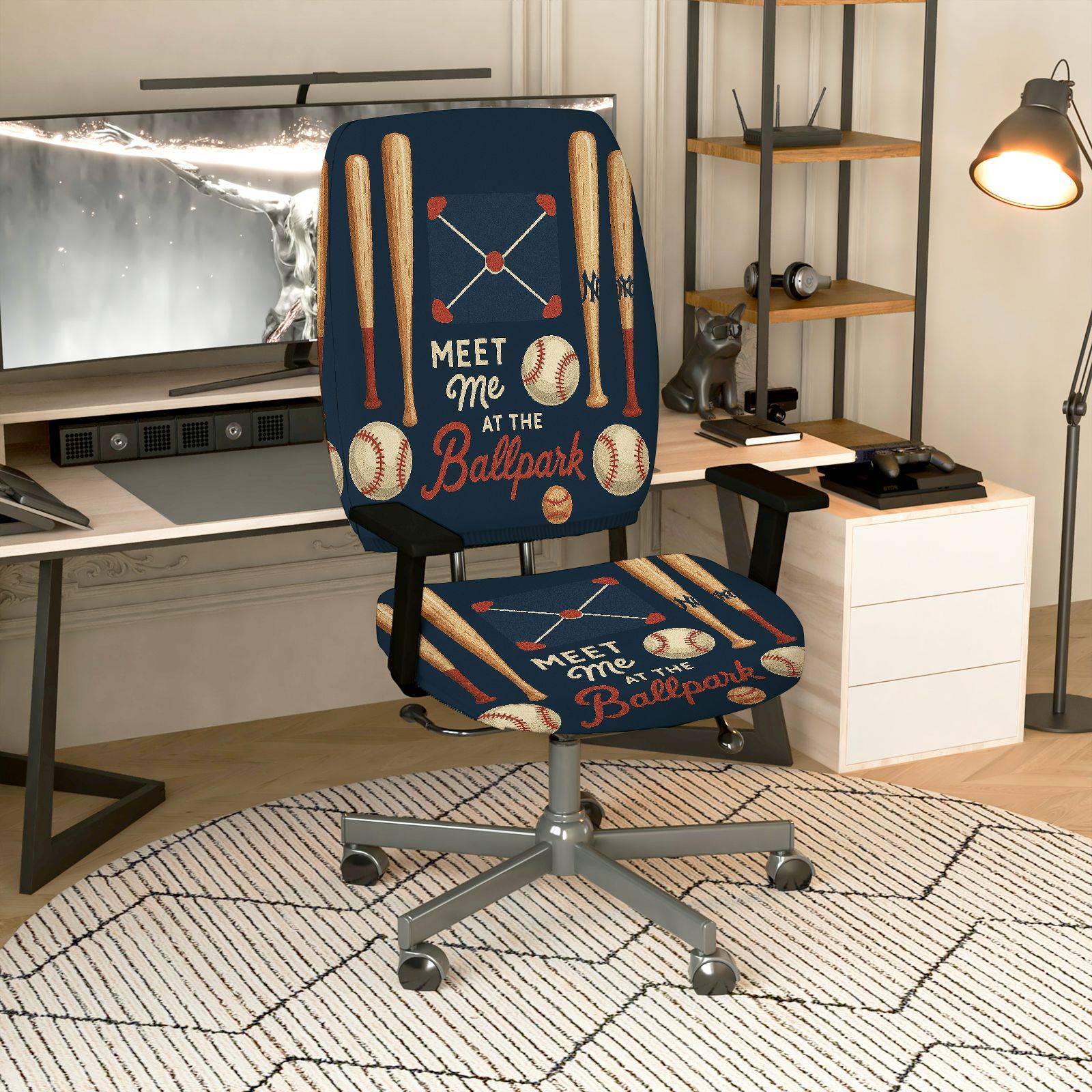 2-Piece Baseball Sports Fan Theme  Computer Chair Cover Set, Seat and Backrest